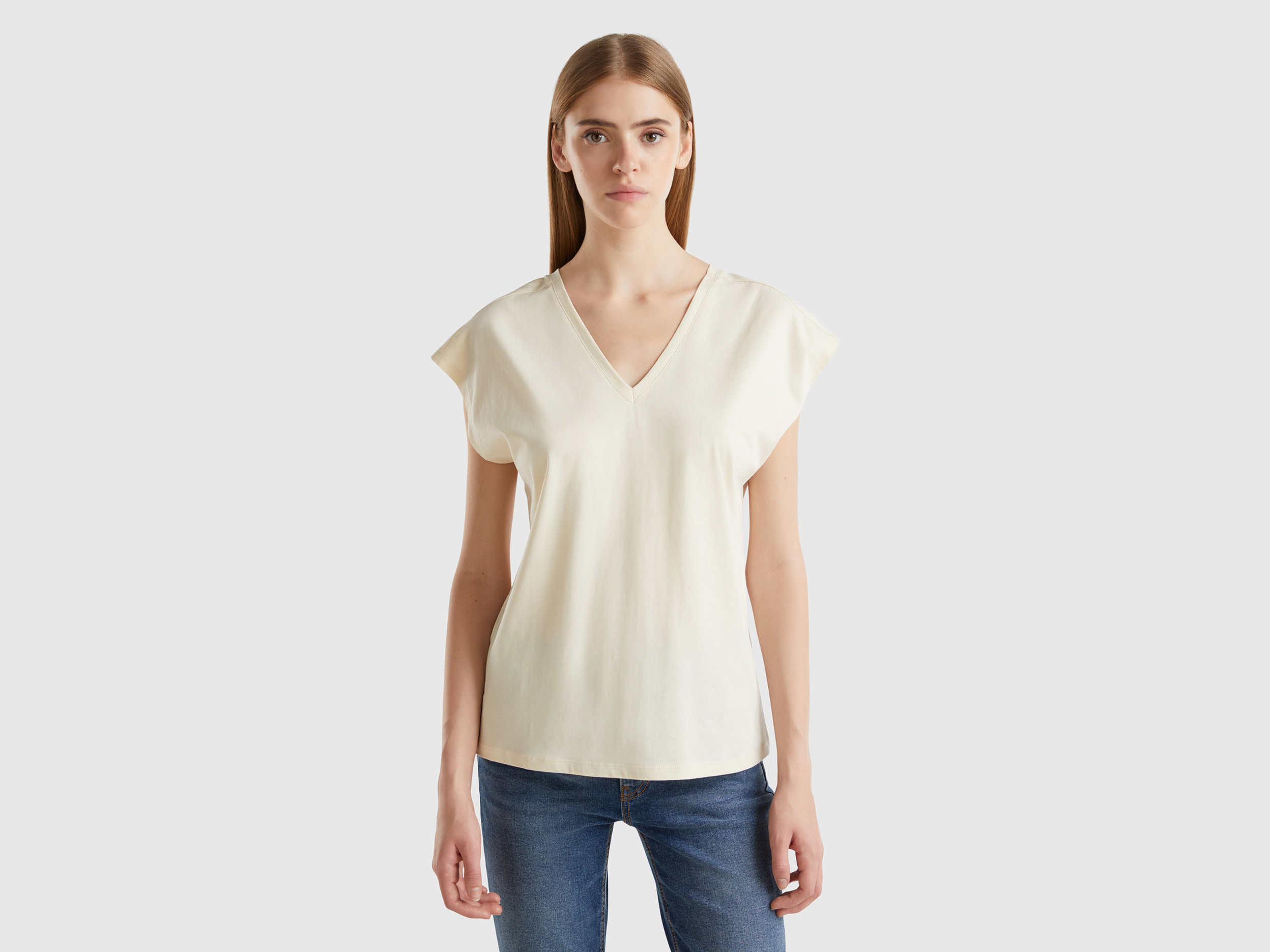 Benetton, Maglietta Con Manica Kimono, Bianco Panna, Donna