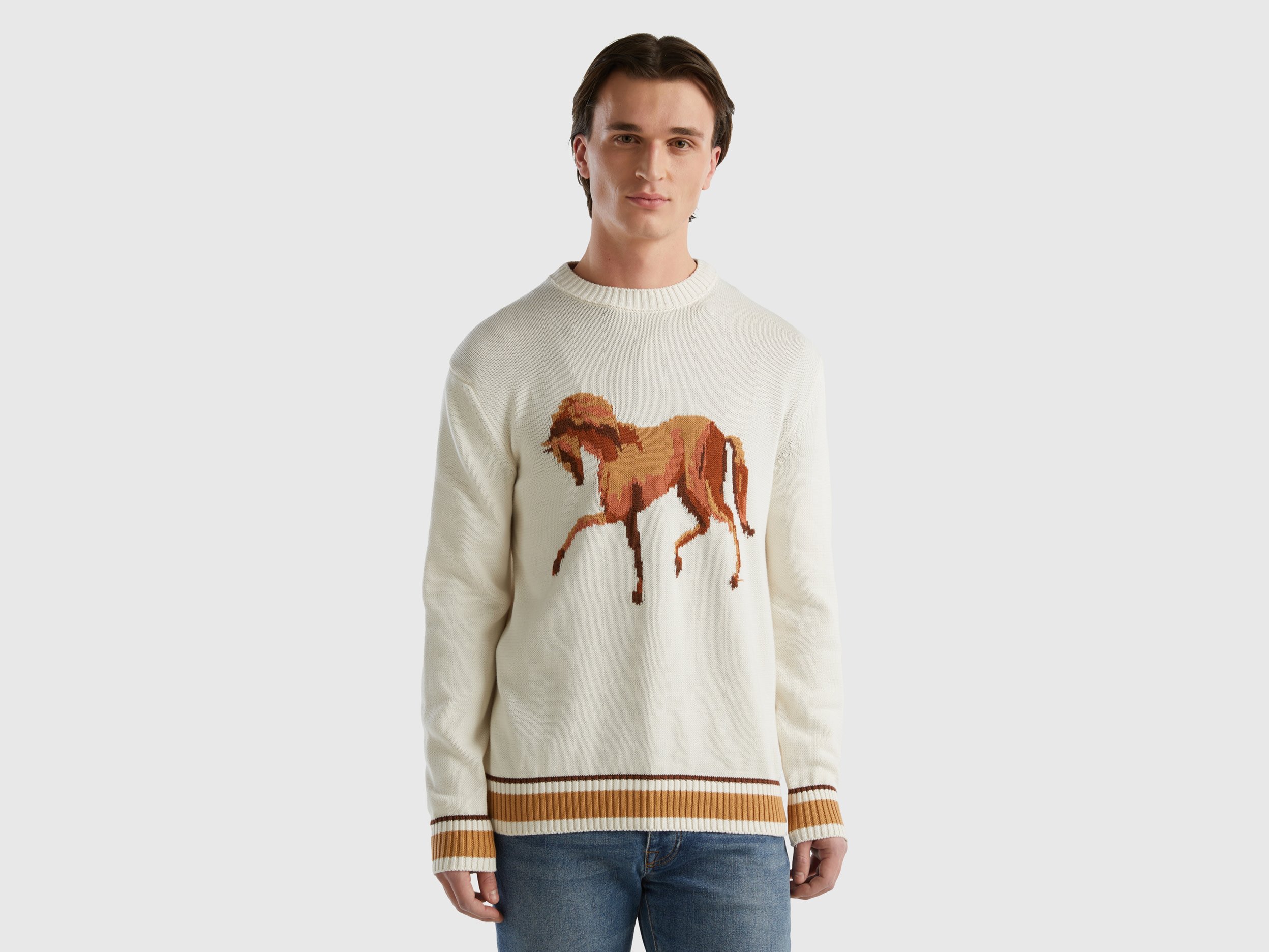 Benetton, Sweater With Horse Inlay, size XXL, Creamy White, Men