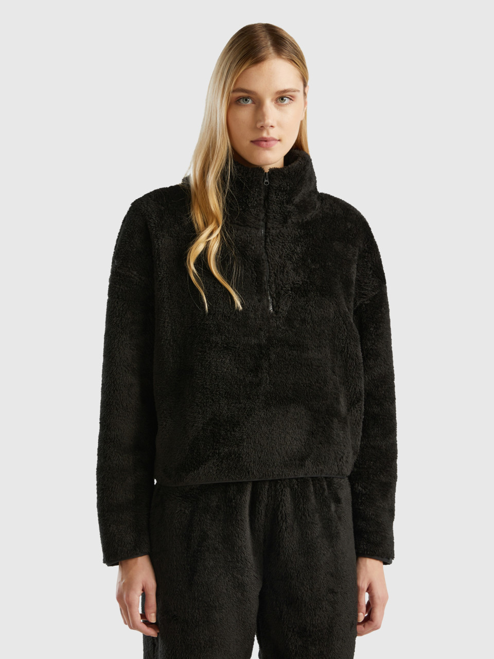 Benetton, Half-zip Fur Sweatshirt, Black, Women
