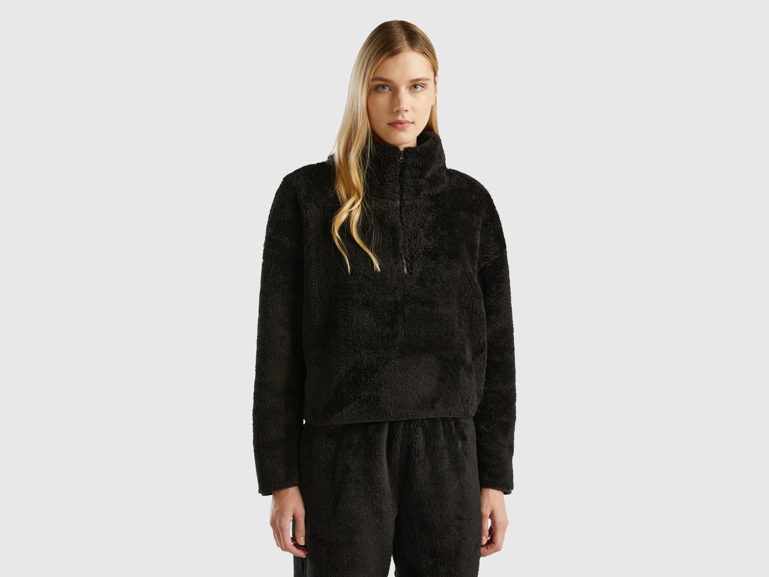Benetton, Half-zip Fur Sweatshirt, size XS, Black, Women