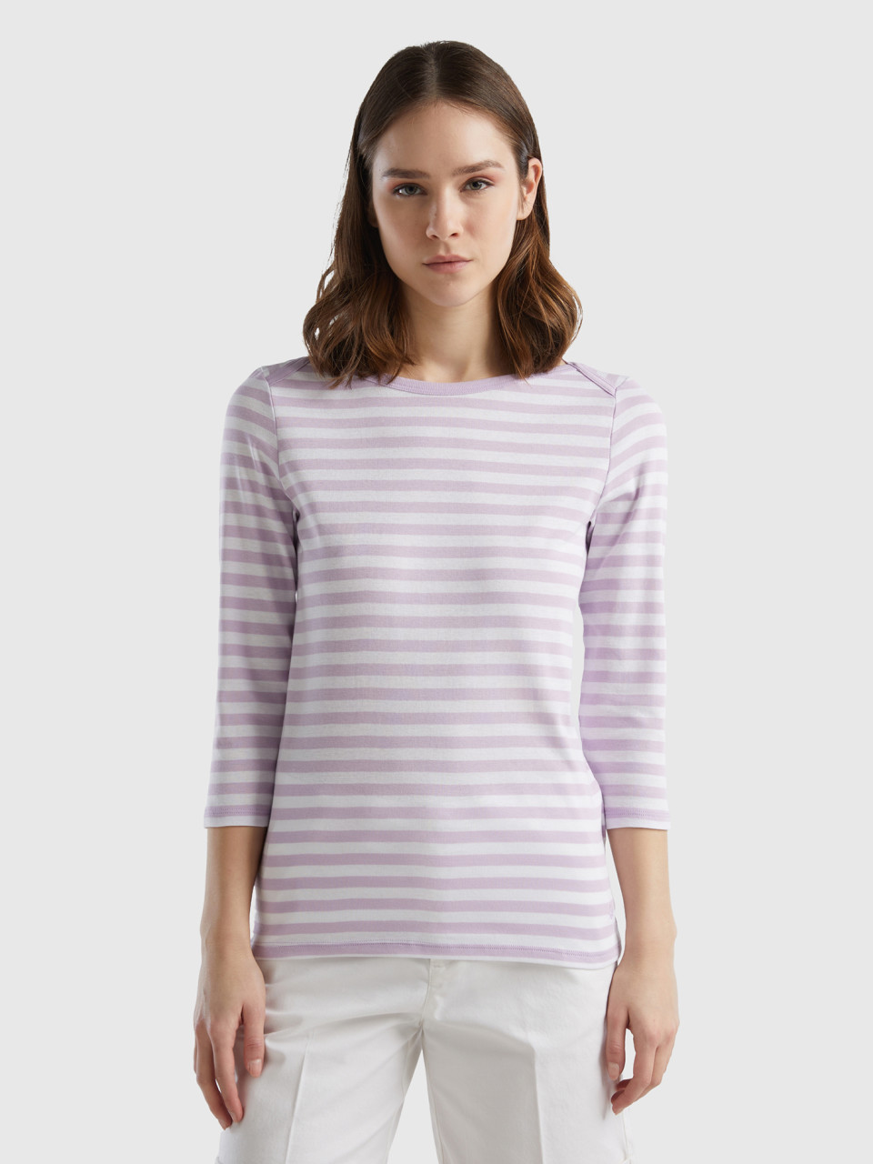 Benetton, Striped 3/4 Sleeve T-shirt In 100% Cotton, Lilac, Women