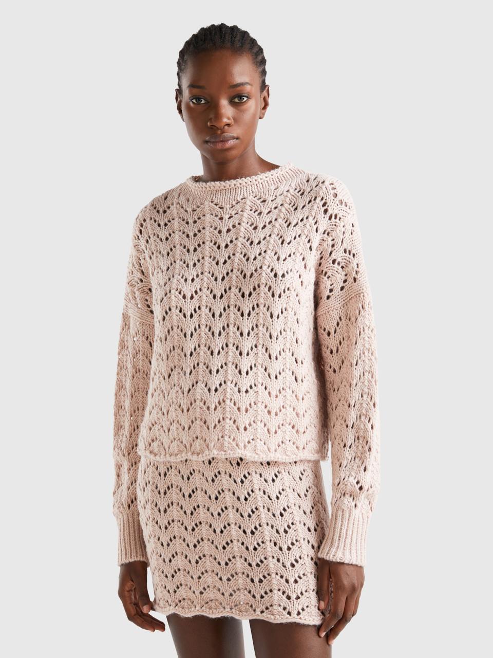 Benetton, Crochet Effect Sweater, Soft Pink, Women