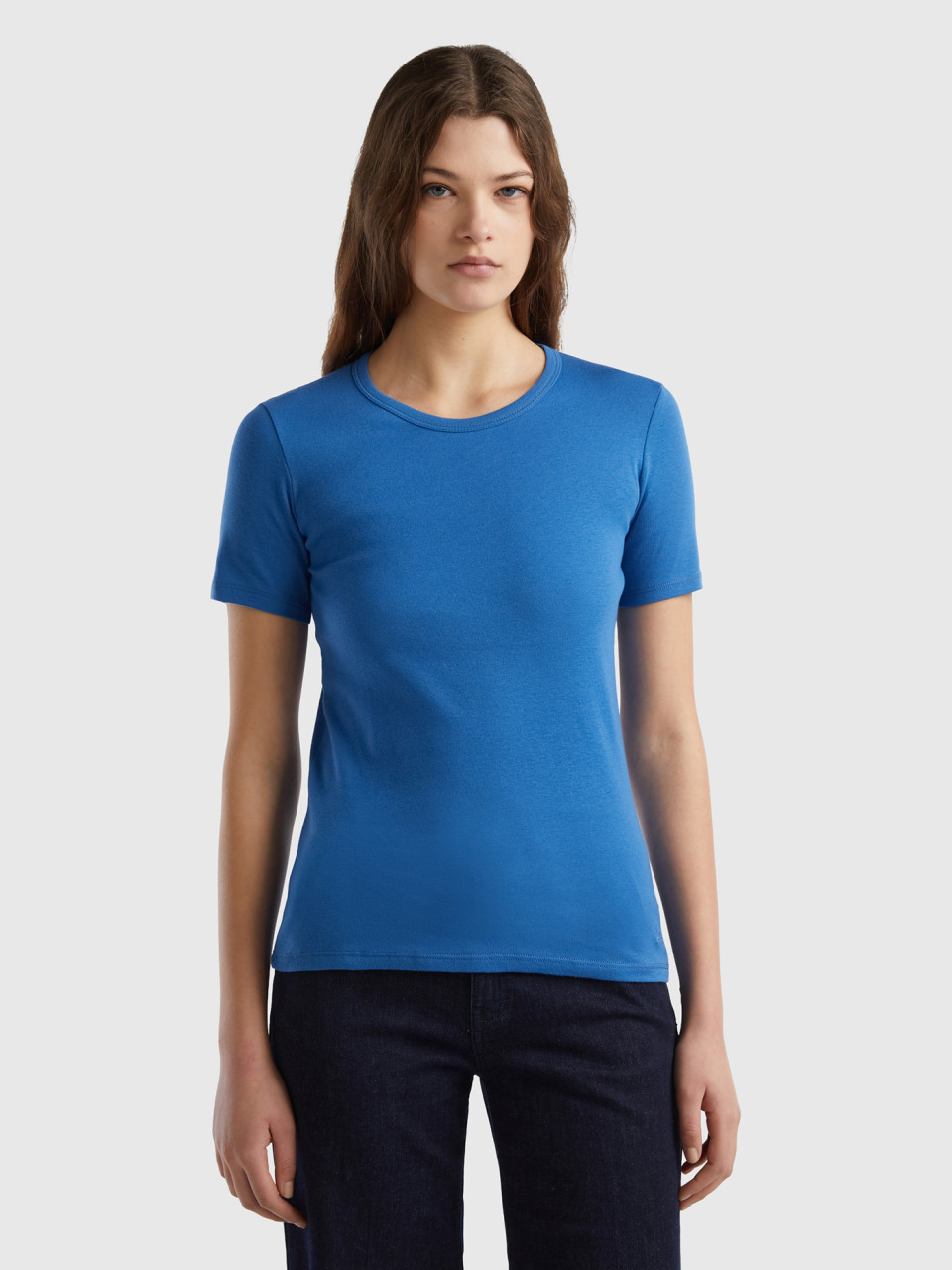 Benetton, T-shirt En Coton Longues Fibres, Bleu, Femme