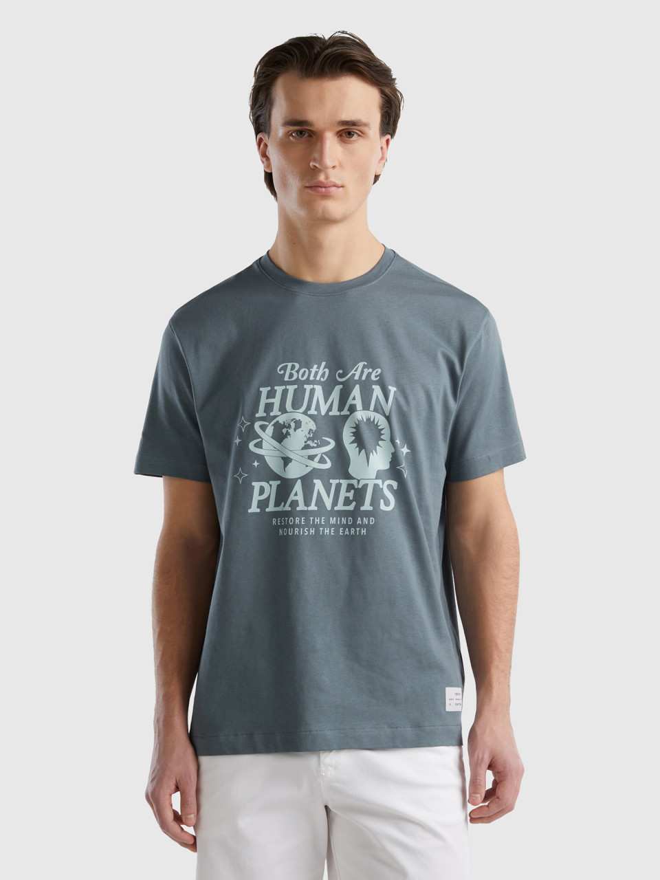 Benetton, Camiseta De 100 % Algodón Orgánico, Gris Oscuro, Hombre