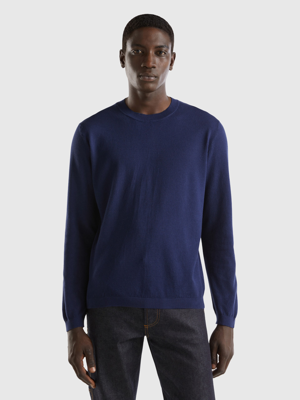 Benetton, 100% Cotton Crew Neck Sweater, Dark Blue, Men