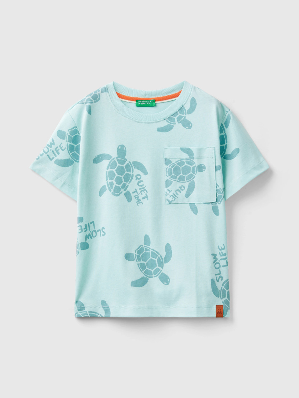 Benetton, T-shirt With Turtle Print, Aqua, Kids