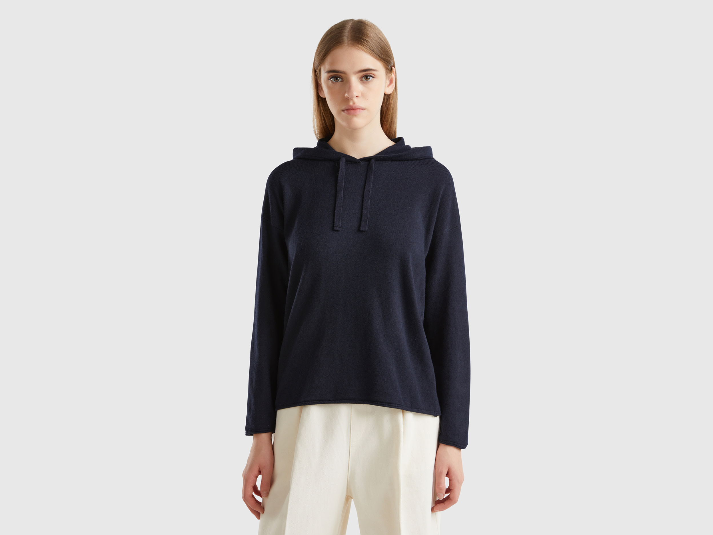 Benetton, Maglia Blu Scuro Misto Cashmere Con Cappuccio, Blu Scuro, Donna
