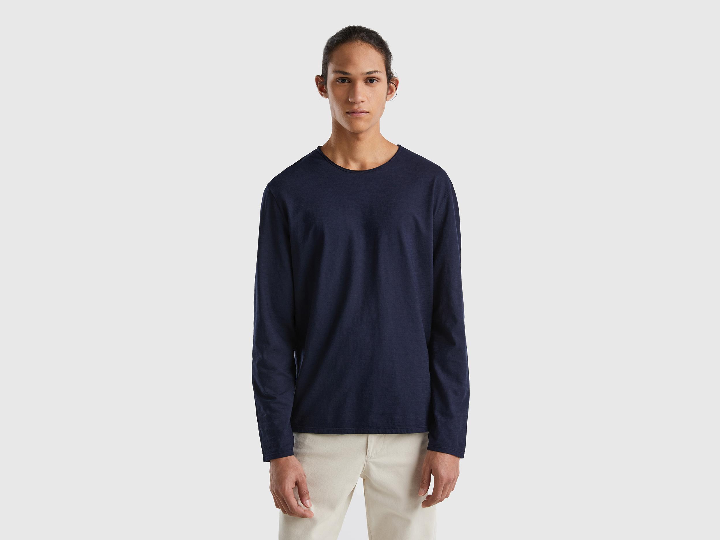 Benetton, Long Sleeve T-shirt In 100% Cotton, size XXXL, Dark Blue, Men