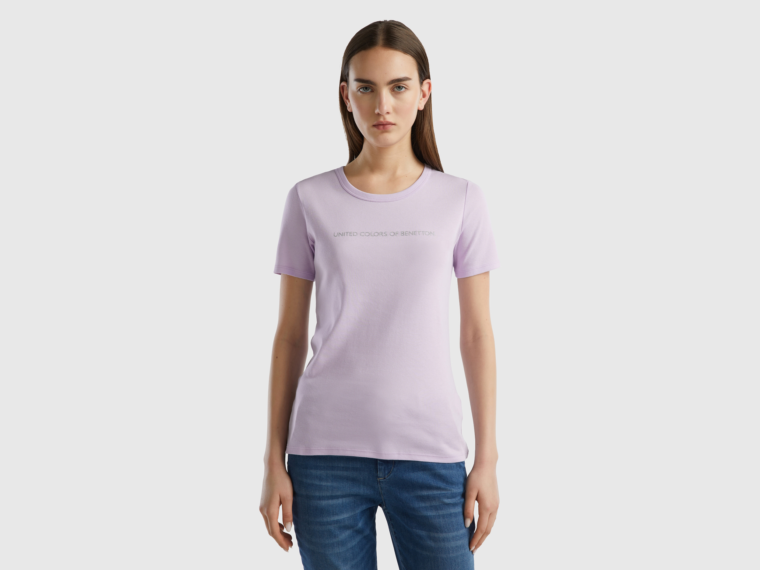 Benetton, T-shirt In 100% Cotton With Glitter Print Logo, size XL, Lilac, Women