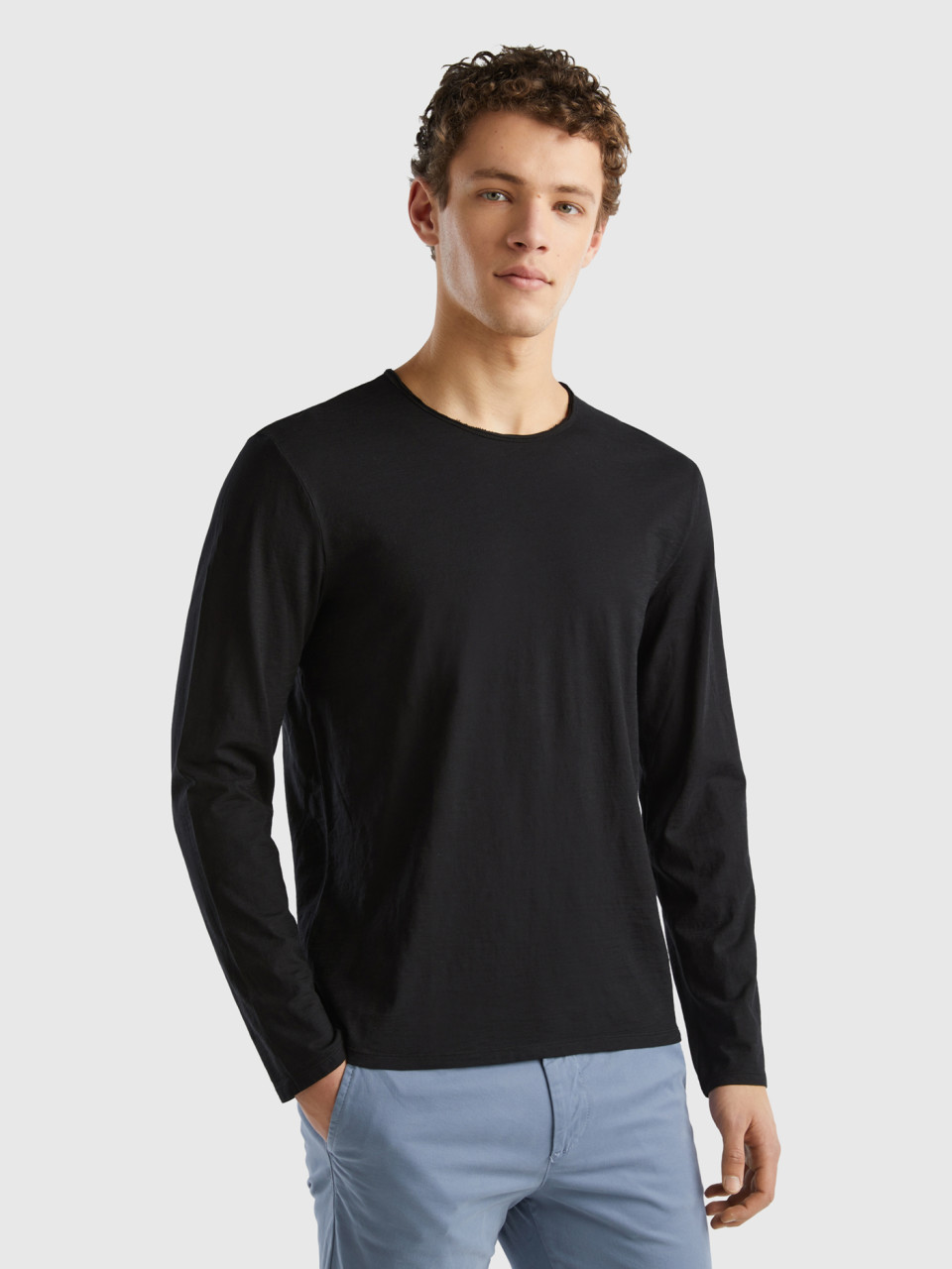 Benetton, Long Sleeve T-shirt In 100% Cotton, Black, Men