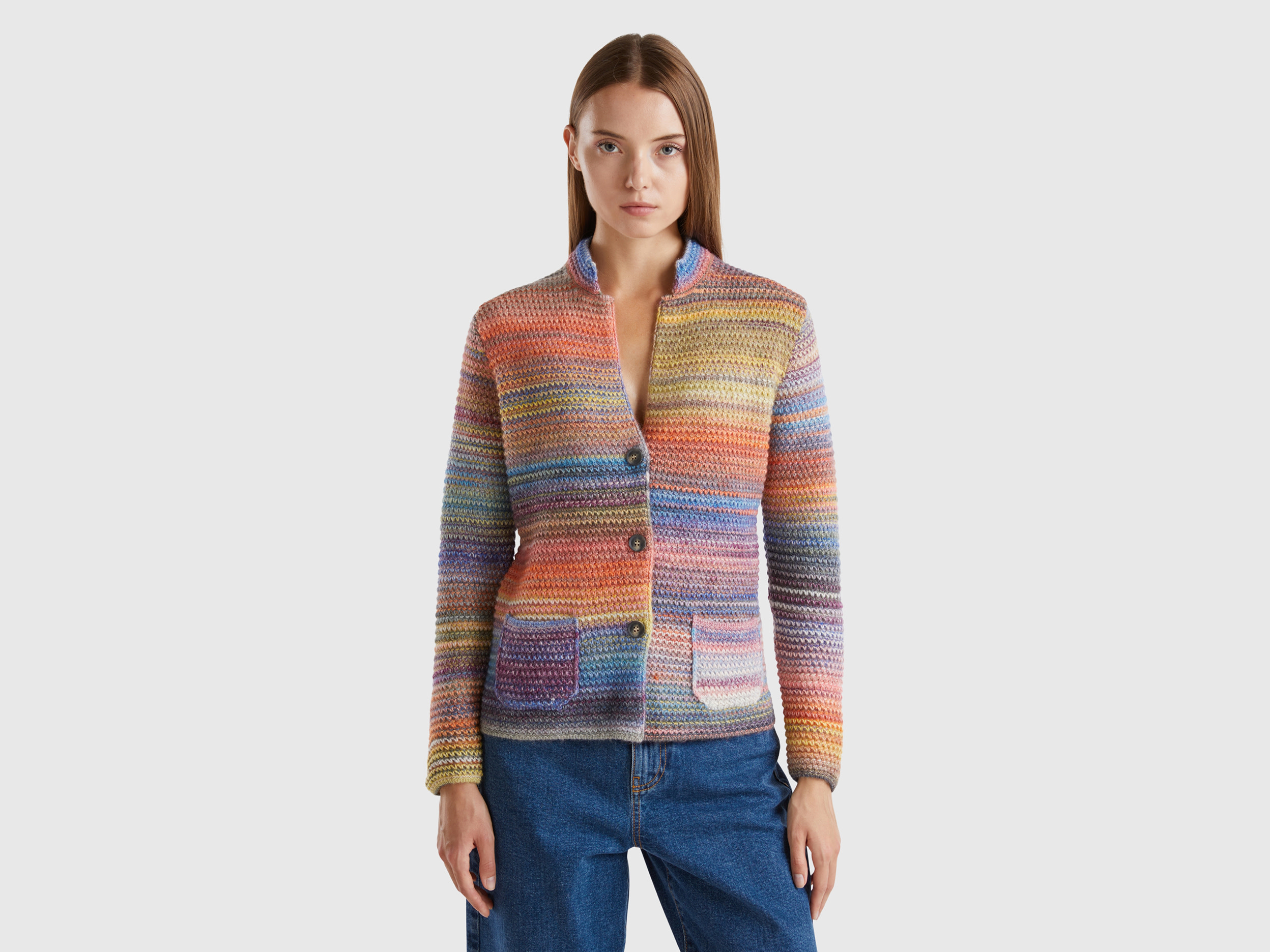 Benetton, Giacca In Maglia Di Misto Lana Multicolor, Multicolore, Donna
