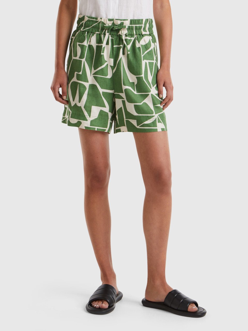 Benetton, Printed Linen Shorts, Military Green, Women