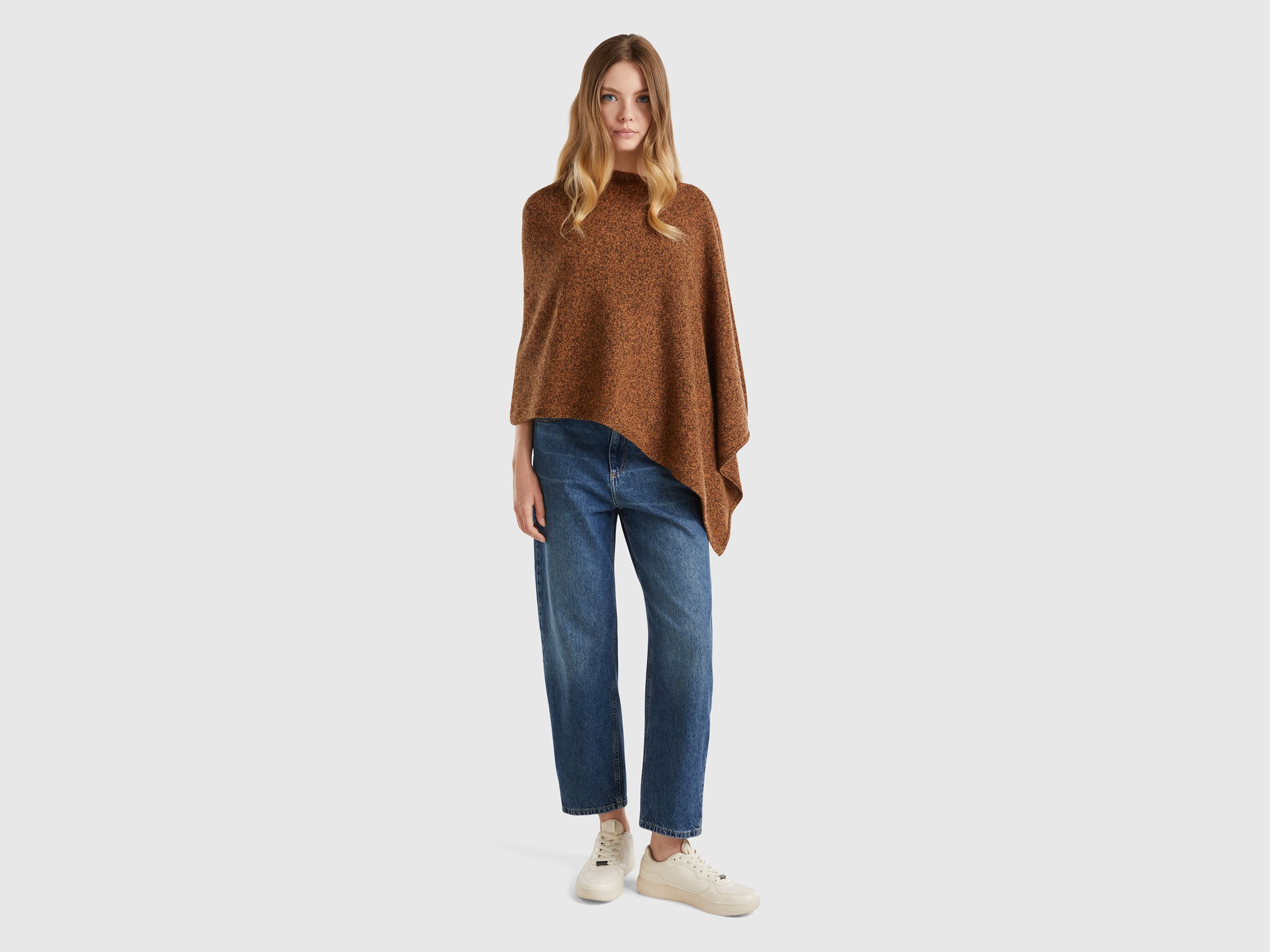 Benetton, Mantella In Pura Lana Shetland, Marrone, Donna