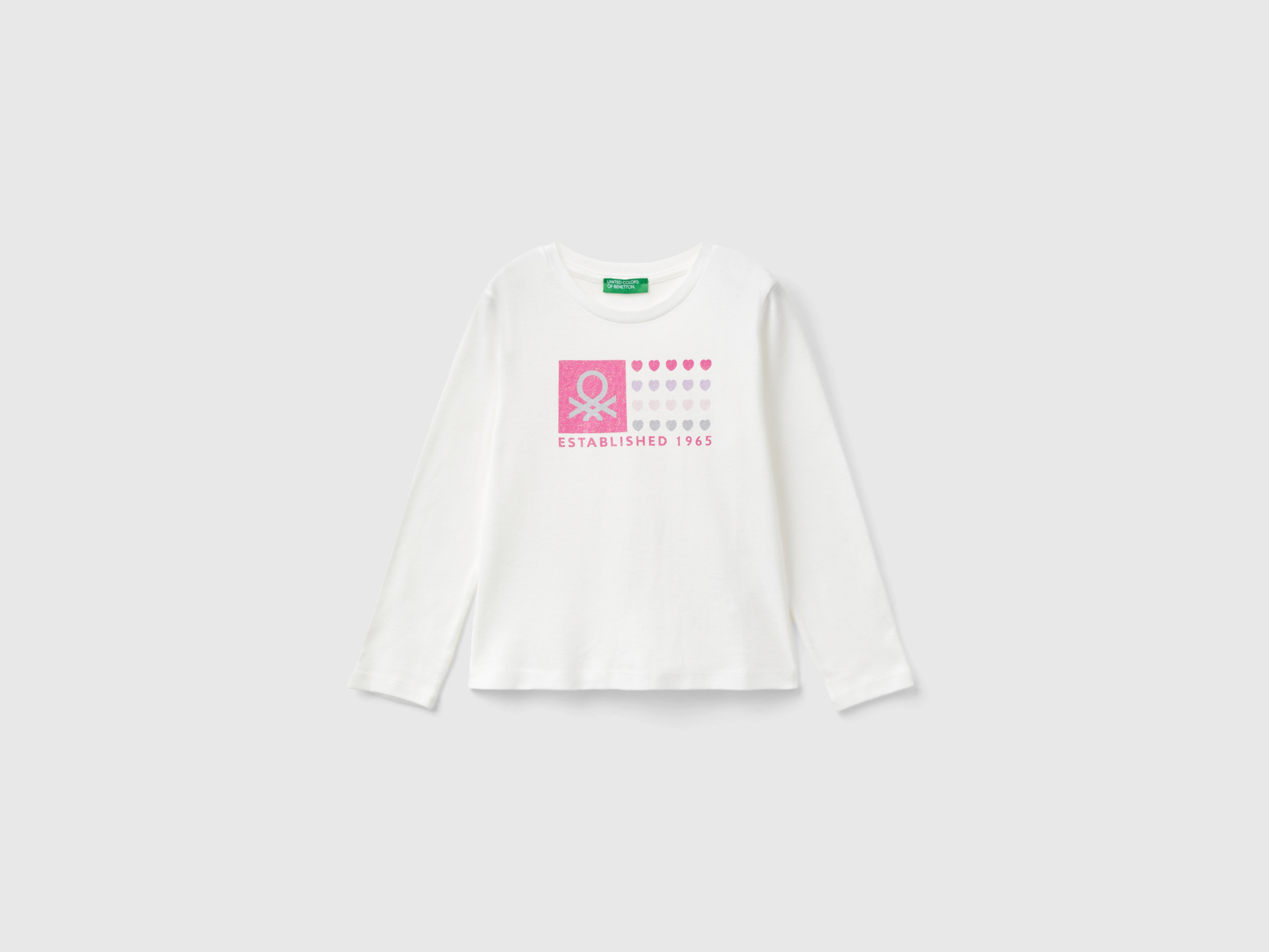 Benetton, T-shirt Con Stampa Glitter In Cotone Bio, Bianco Panna, Bambini