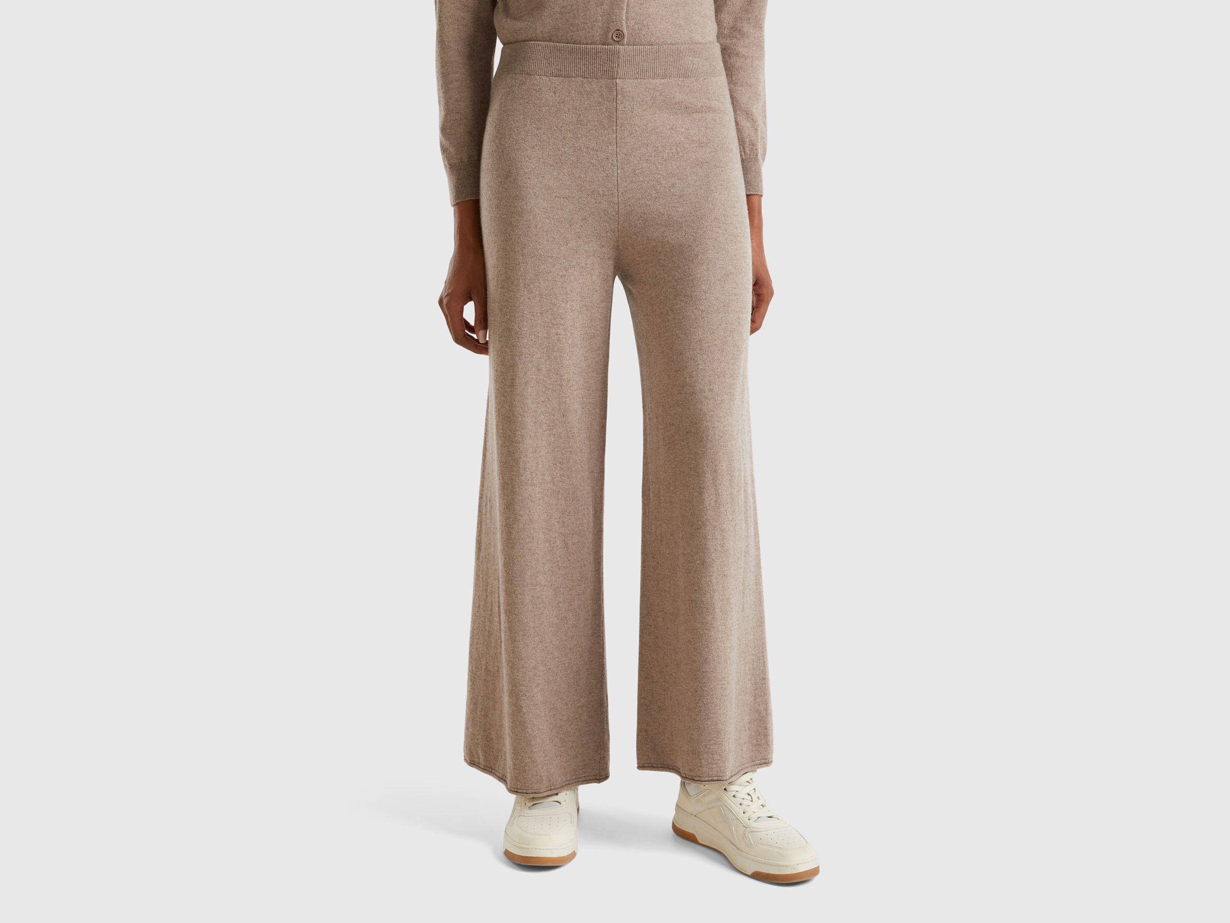 Benetton, Pantaloni Ampi Marrone Mélange In Misto Lana E Cashmere, Marrone, Donna
