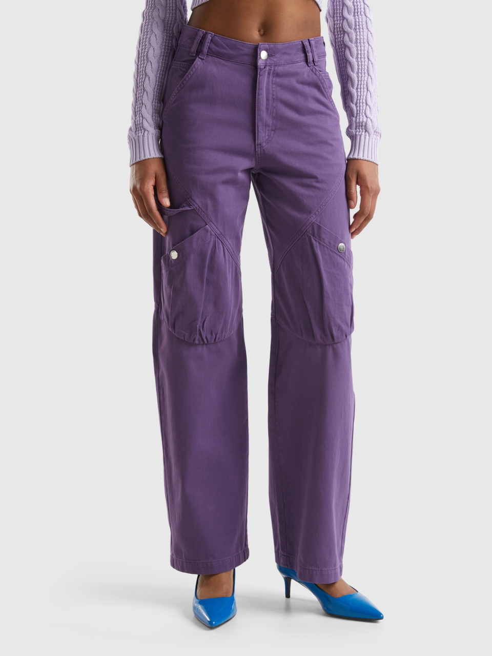 Benetton, Cargo Trousers In Cotton, Lilac, Women