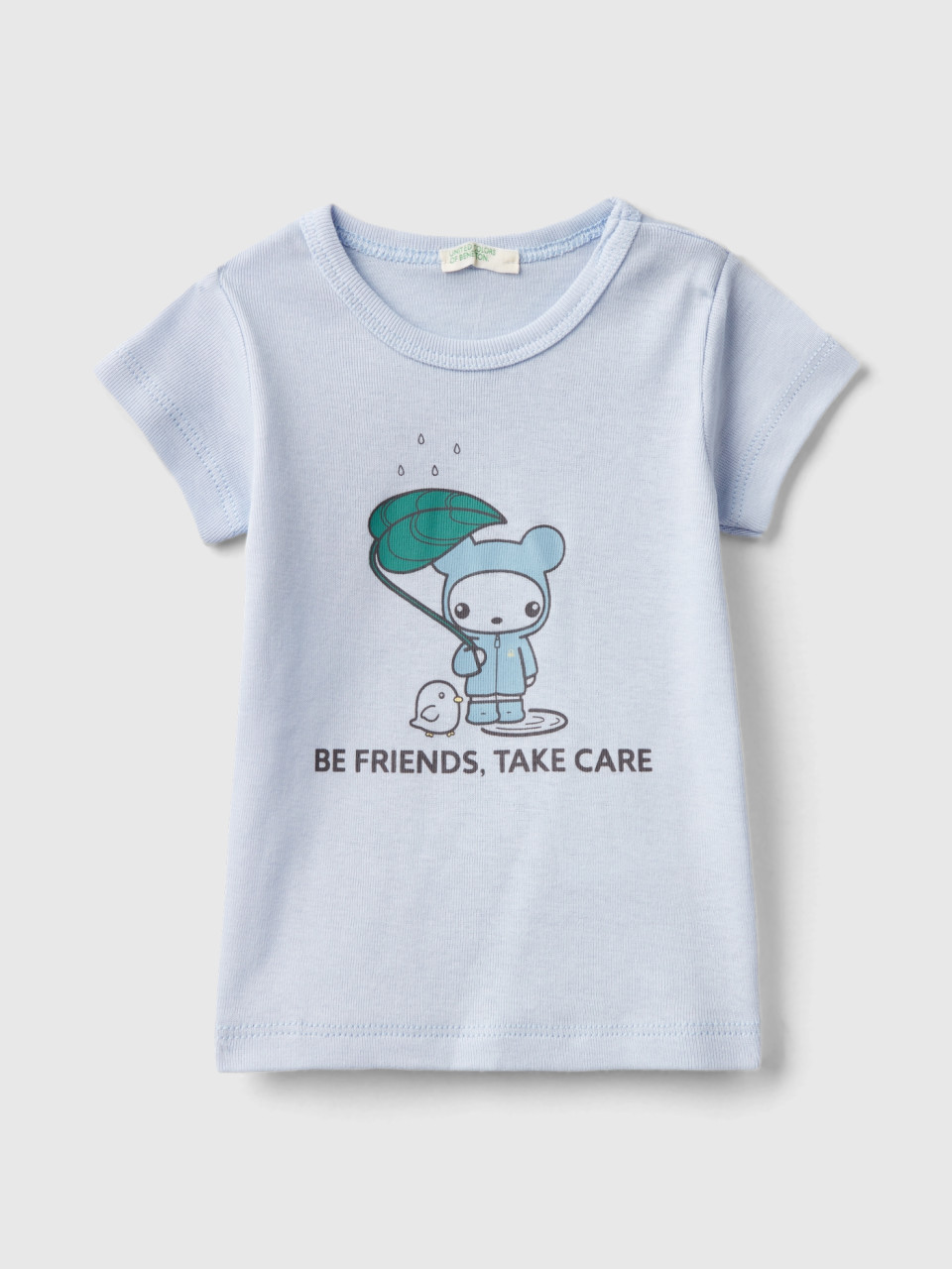 Benetton, Camiseta De 100 % Algodón Orgánico, Celeste, Niños