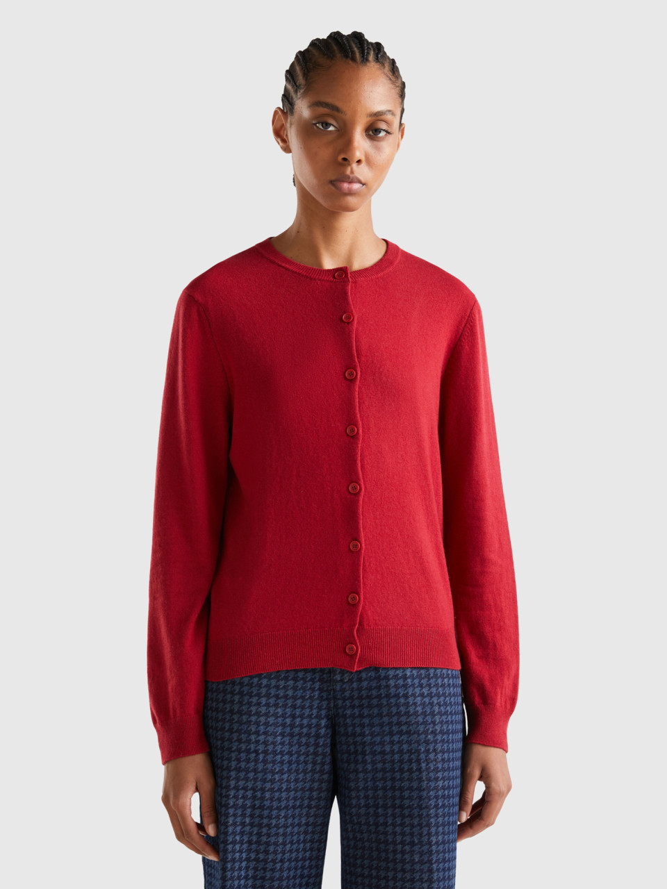 Benetton, Brick Red Cardigan In Cashmere And Wool Blend, Brick Red, Women