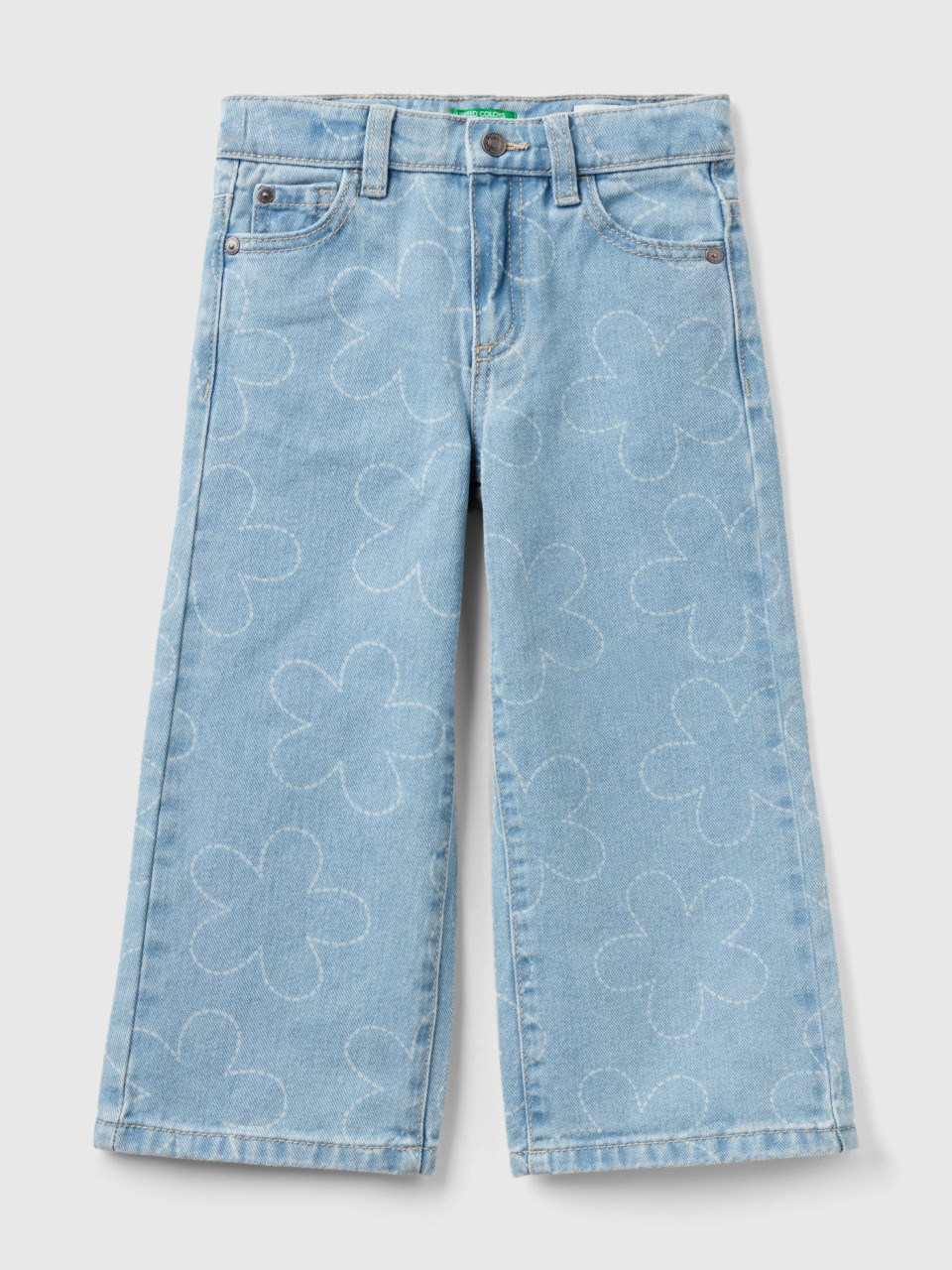 Benetton, Wide Fit Jeans With Flowers, Sky Blue, Kids