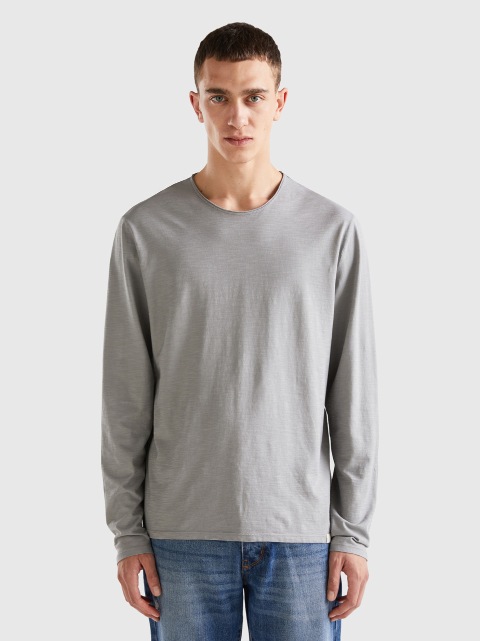 Benetton, Long Sleeve T-shirt In 100% Cotton, Gray, Men