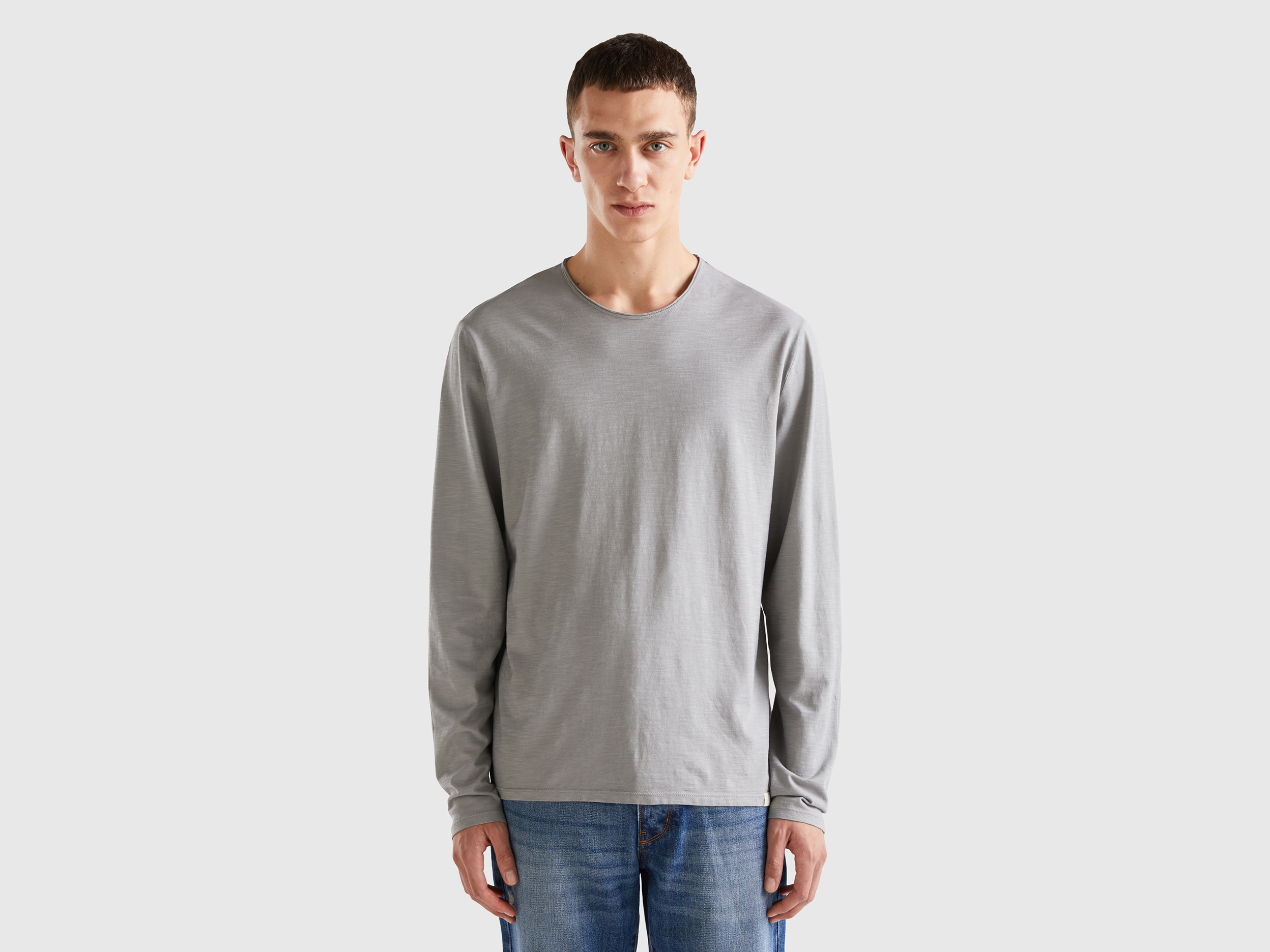 Benetton, Long Sleeve T-shirt In 100% Cotton, size XXL, Gray, Men
