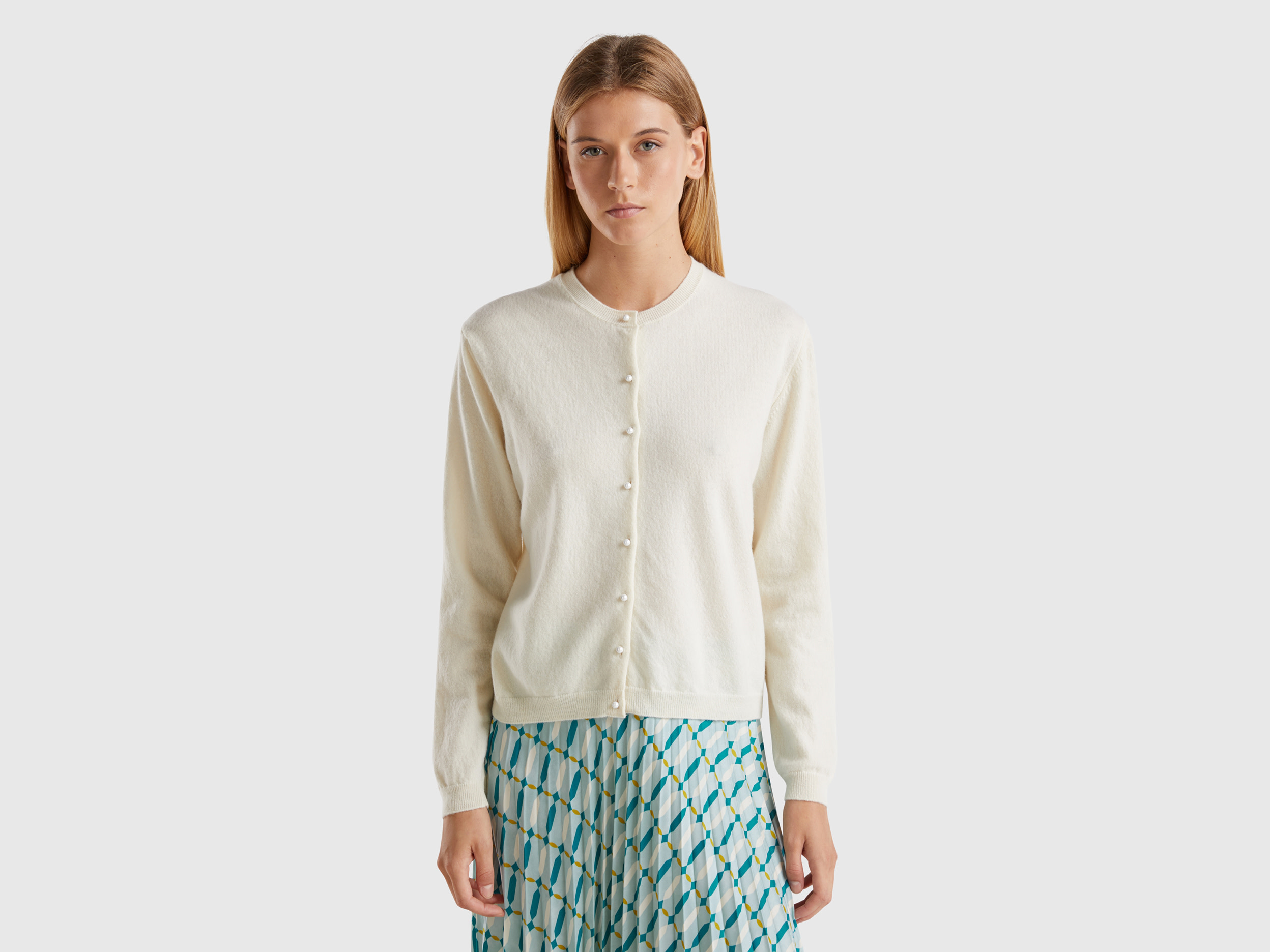 Benetton, Cardigan Panna In Pura Lana Merino, Bianco Panna, Donna