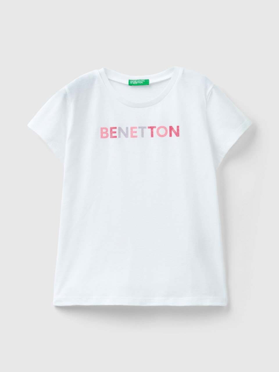 Benetton, T-shirt Con Logo Glitter In Cotone Bio, Bianco, Bambini