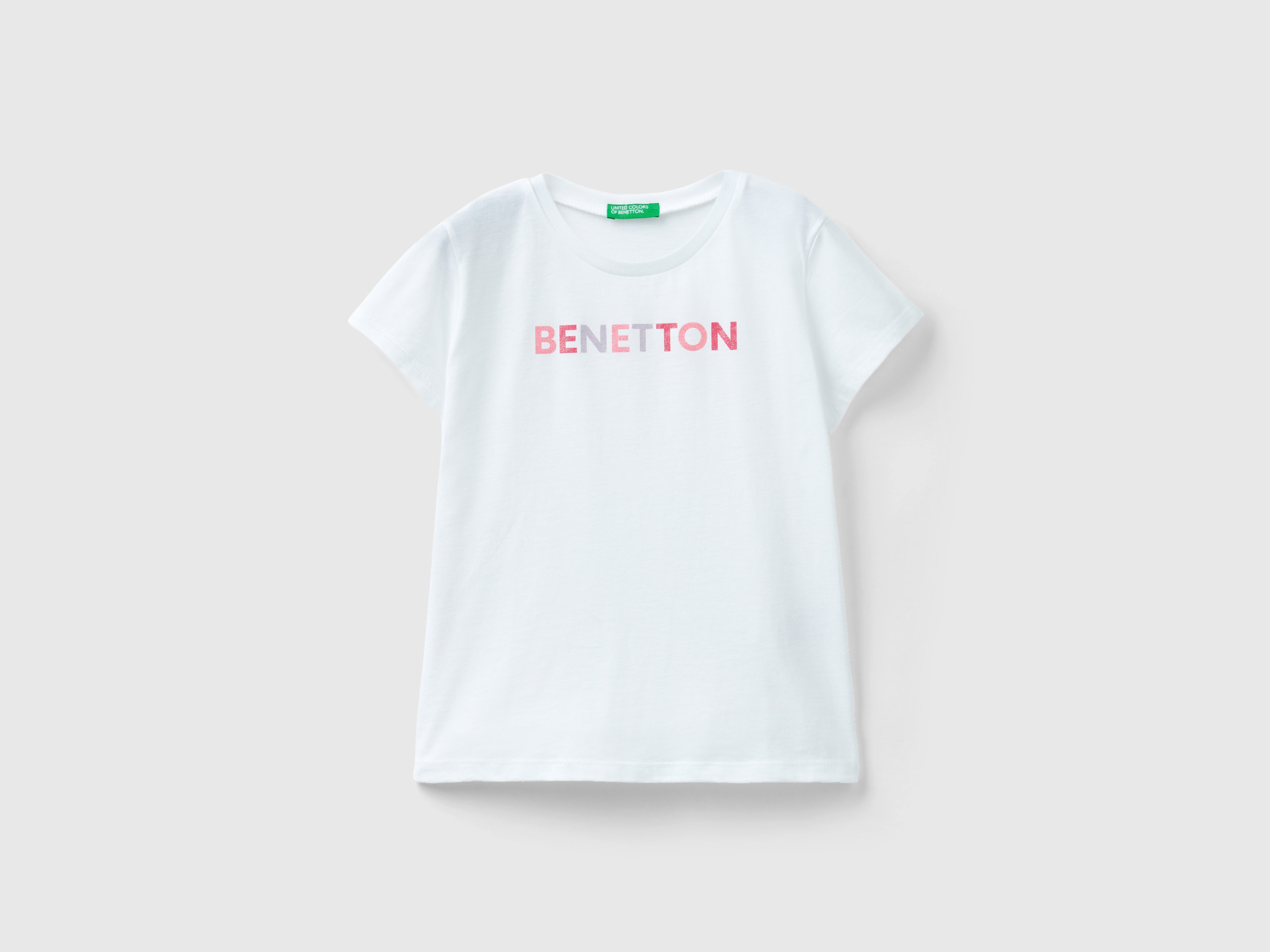 Benetton, T-shirt With Glittery Logo In Organic Cotton, size 3XL, White, Kids