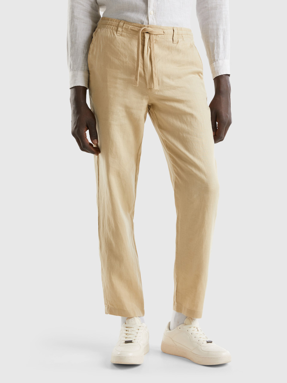 Benetton, Trousers In Pure Linen With Drawstring, Beige, Men