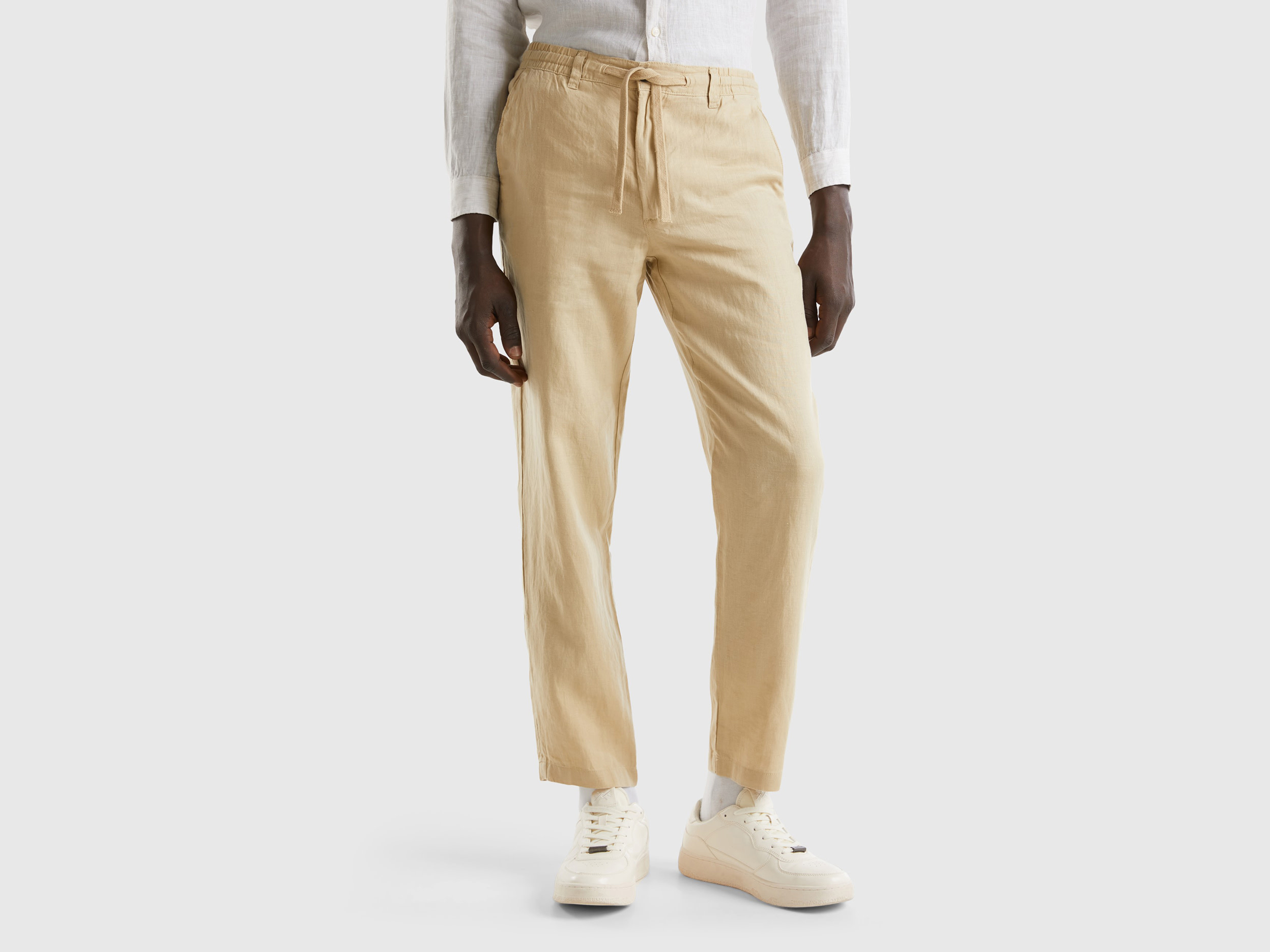 Benetton, Pantaloni Con Coulisse In Puro Lino, Beige, Uomo