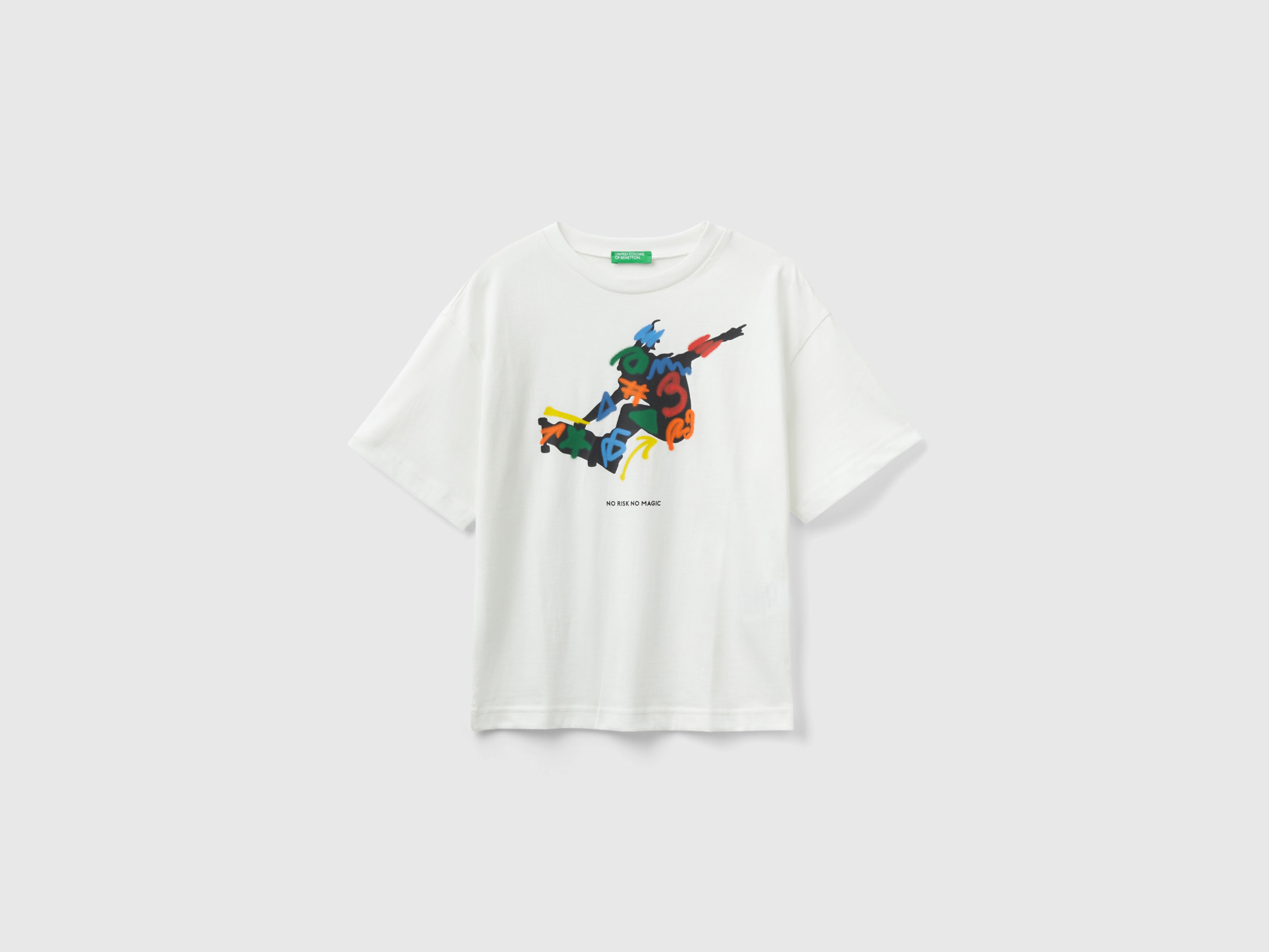 Benetton, Crew Neck T-shirt With Print, size 2XL, Creamy White, Kids