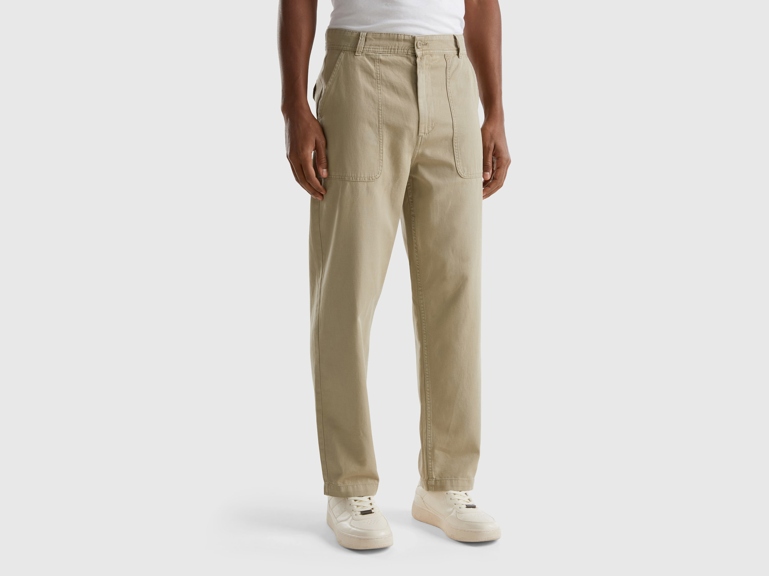 Benetton, Pantaloni Straight In Misto Lino, Verde Chiaro, Uomo