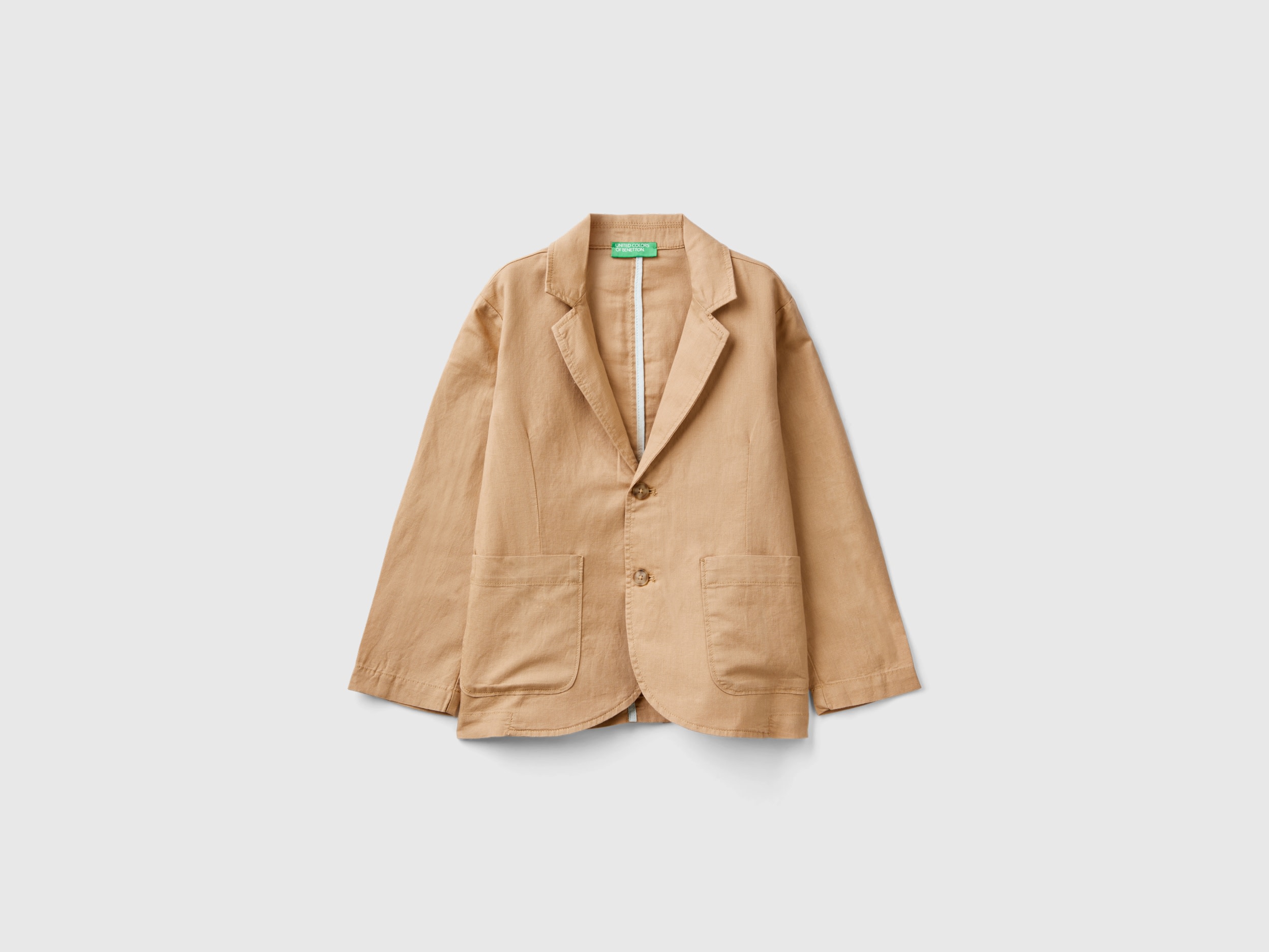 Benetton, Blazer In Misto Lino, Cammello, Bambini