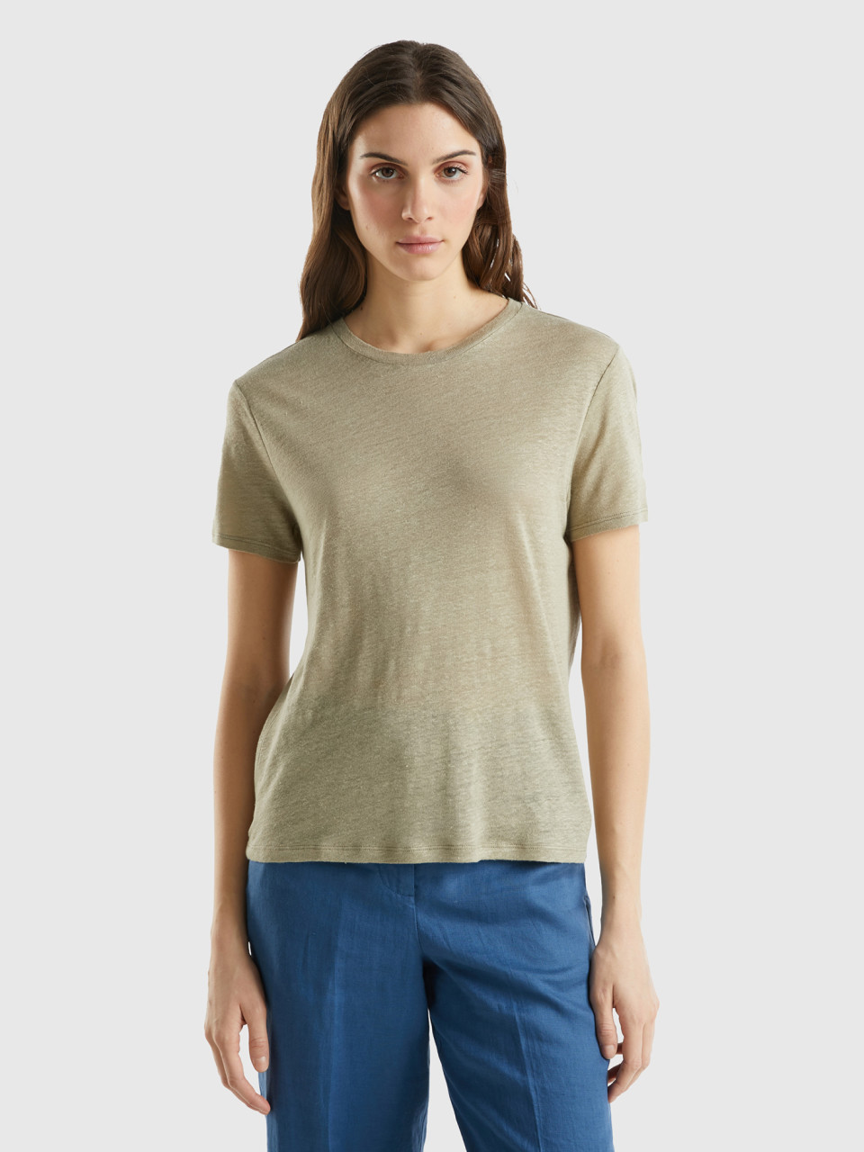 Benetton, Crew Neck T-shirt In Pure Linen, Light Green, Women