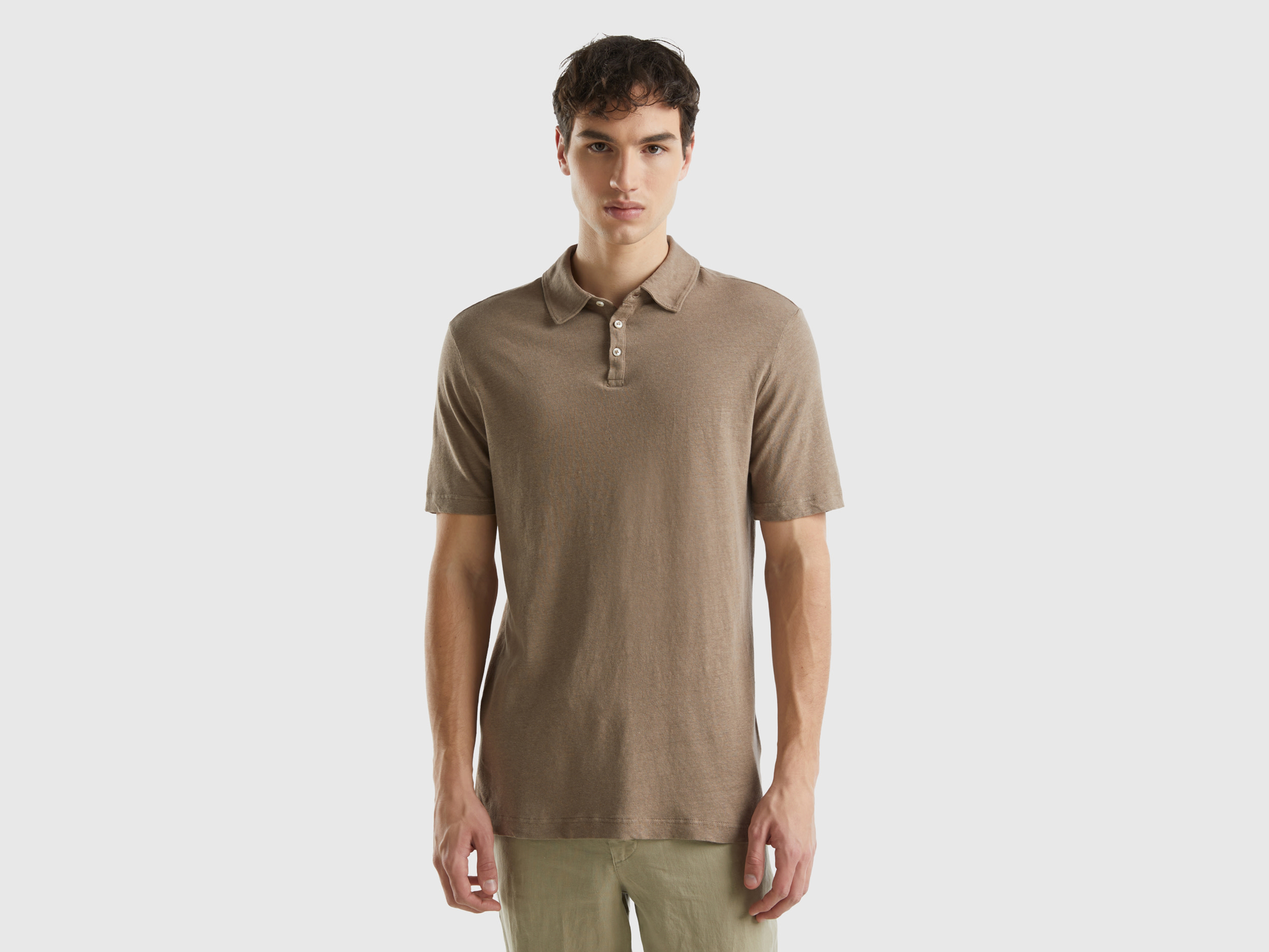 Benetton, Polo In Misto Lino, Tortora, Uomo