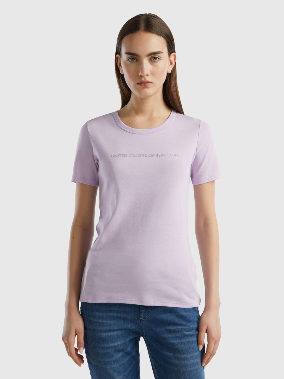 Benetton, Camiseta De 100% Algodón Con Estampado De Logotipo Con Glitter, Lila, Mujer
