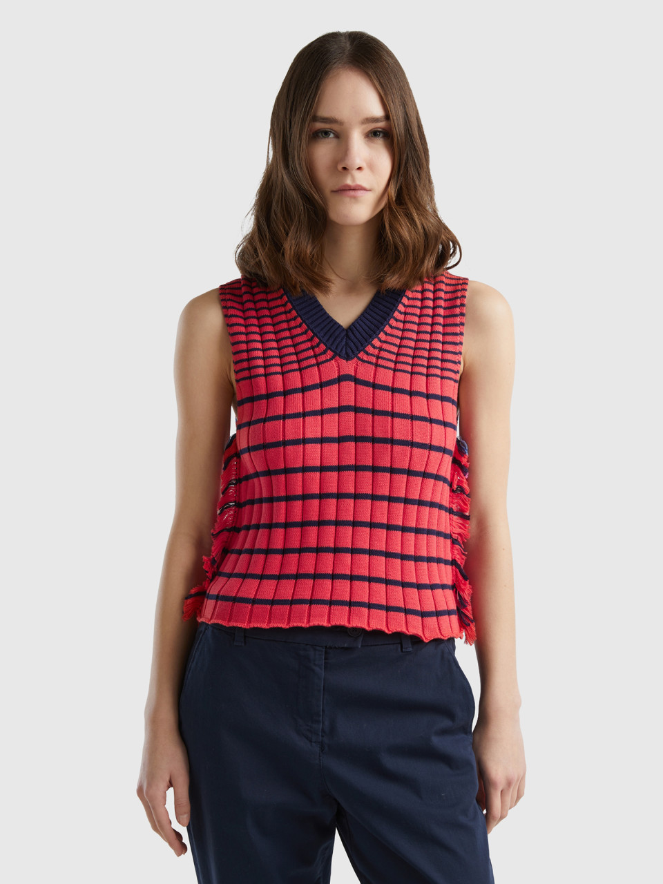 Benetton, Coral Red Striped Vest, , Women