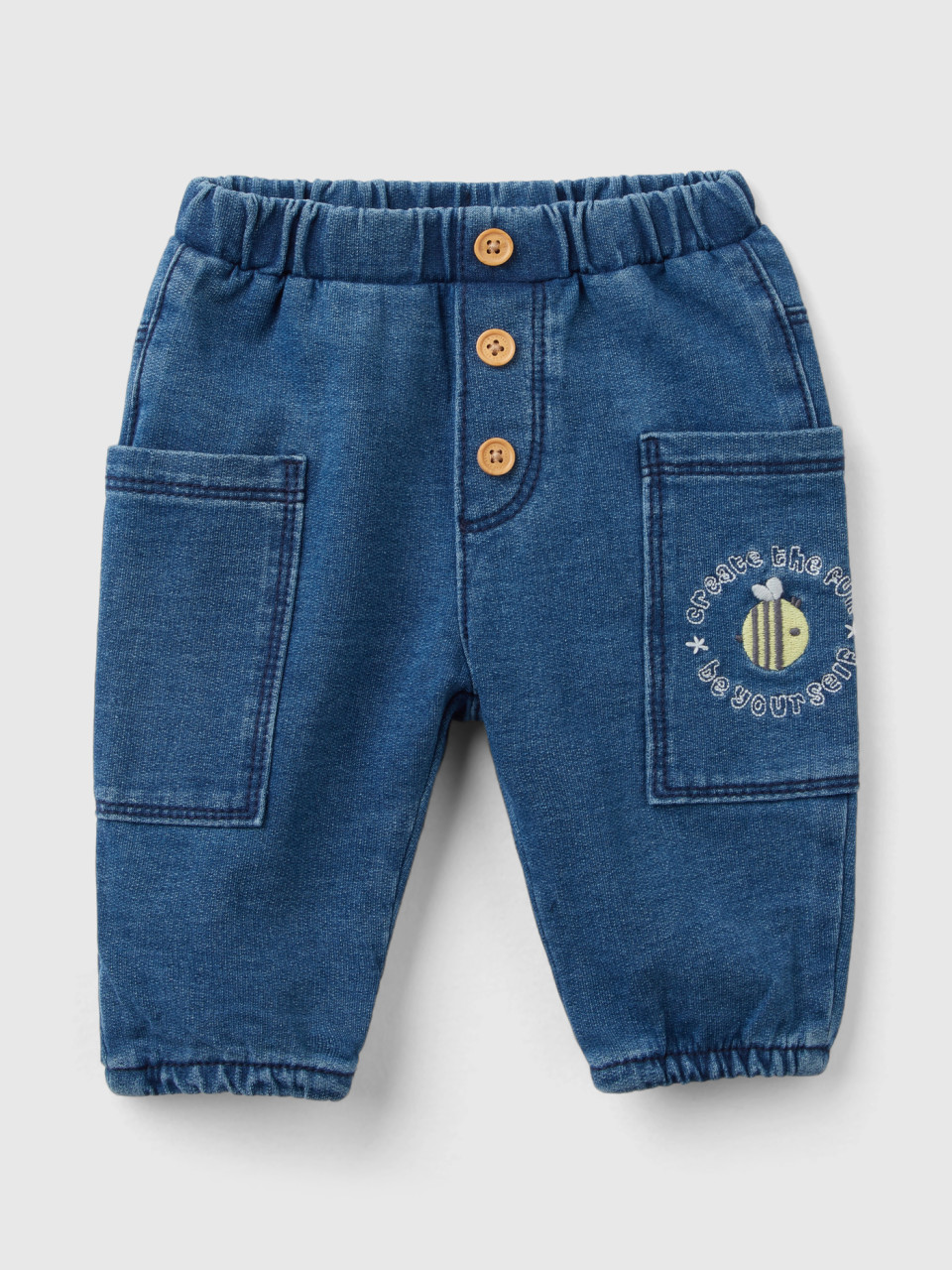 Benetton, Denim Look Sweatpants With Pockets, Blue, Kids