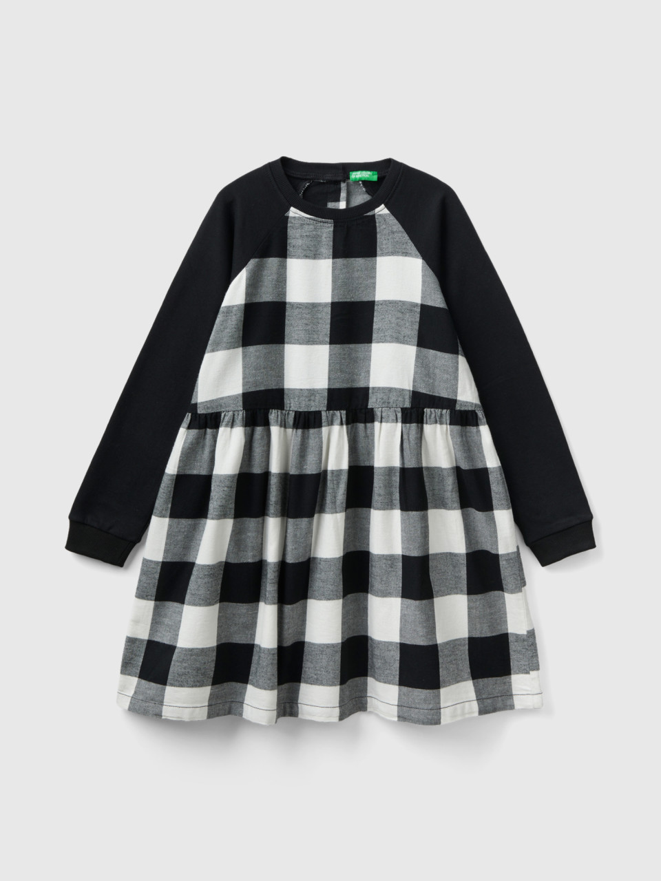 Benetton, Plaid Dress In 100% Cotton, Black, Kids