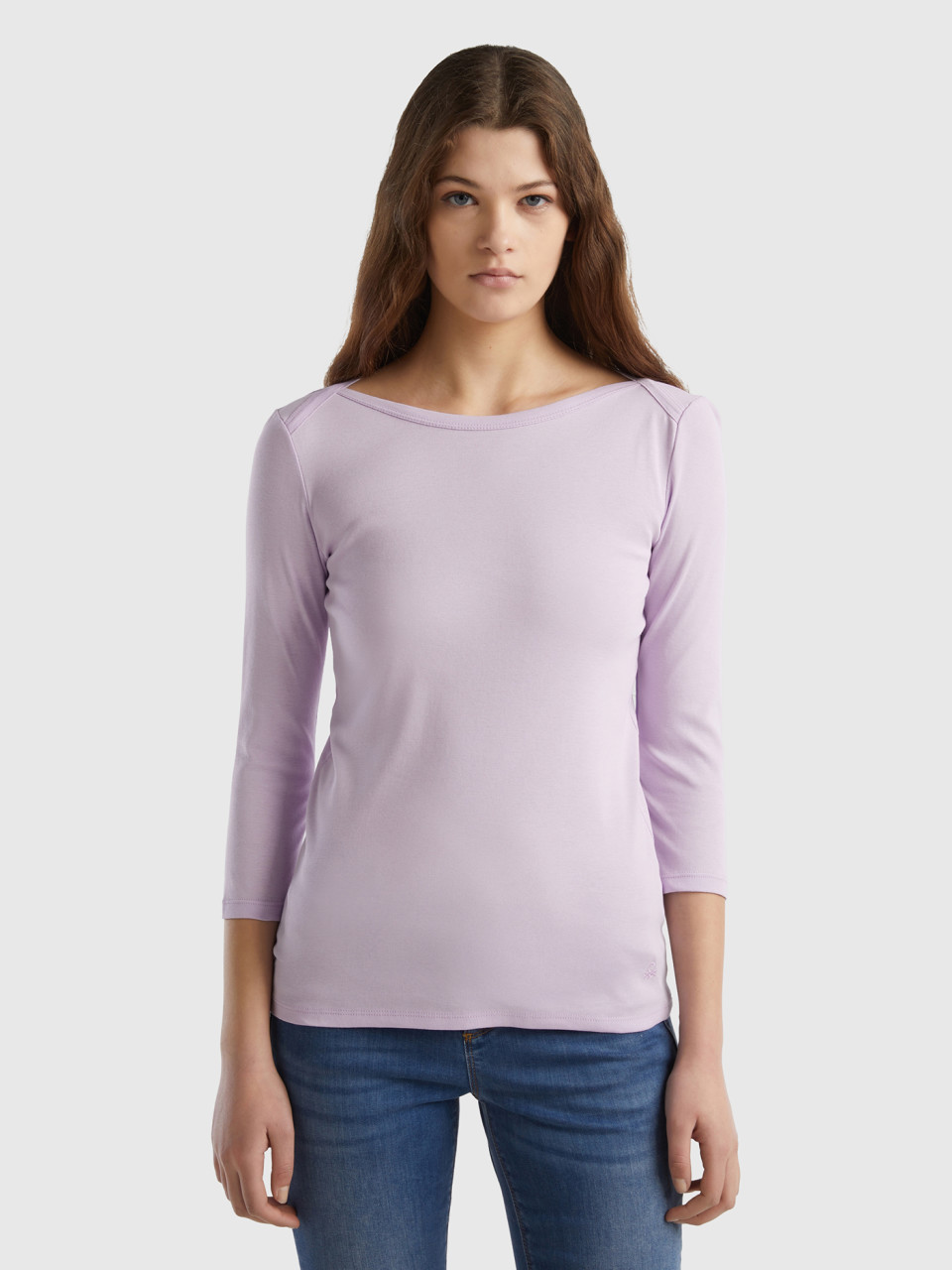 Benetton, T-shirt With Boat Neck In 100% Cotton, Lilac, Women