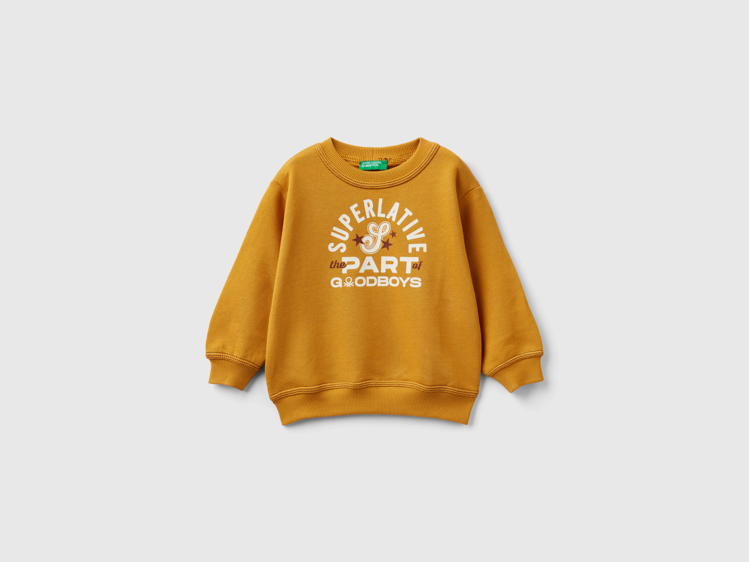 Benetton, Pullover Sweatshirt With Print, size 3-4, Mustard, Kids