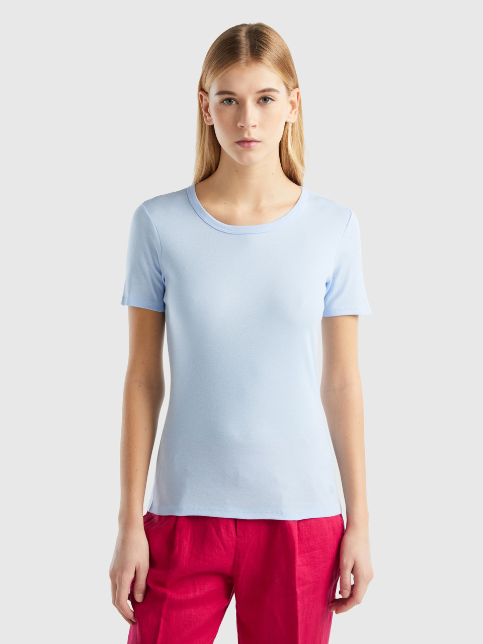 Benetton, Camiseta De Algodón De Fibra Larga, Celeste, Mujer