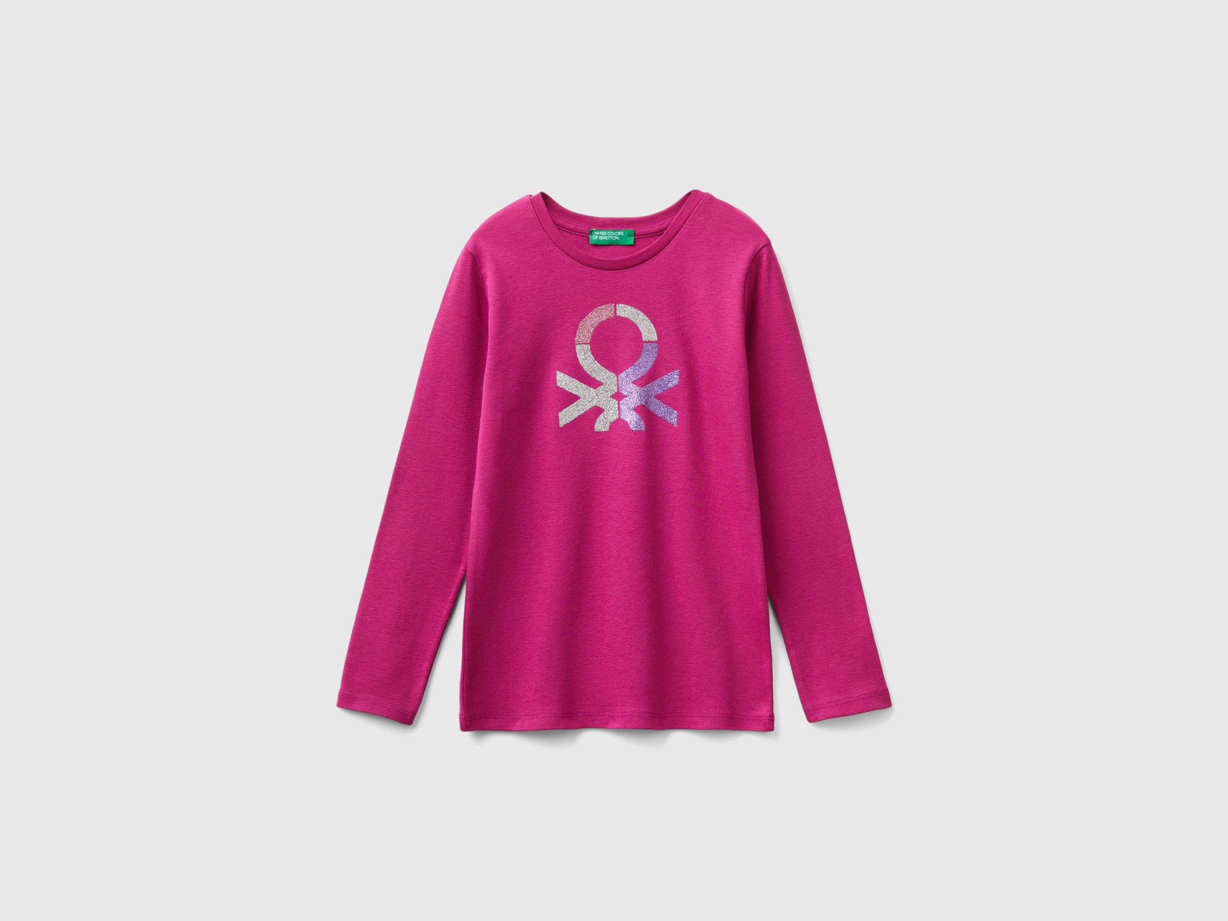 Benetton, T-shirt Manica Lunga Con Stampa Glitter, Fucsia, Bambini