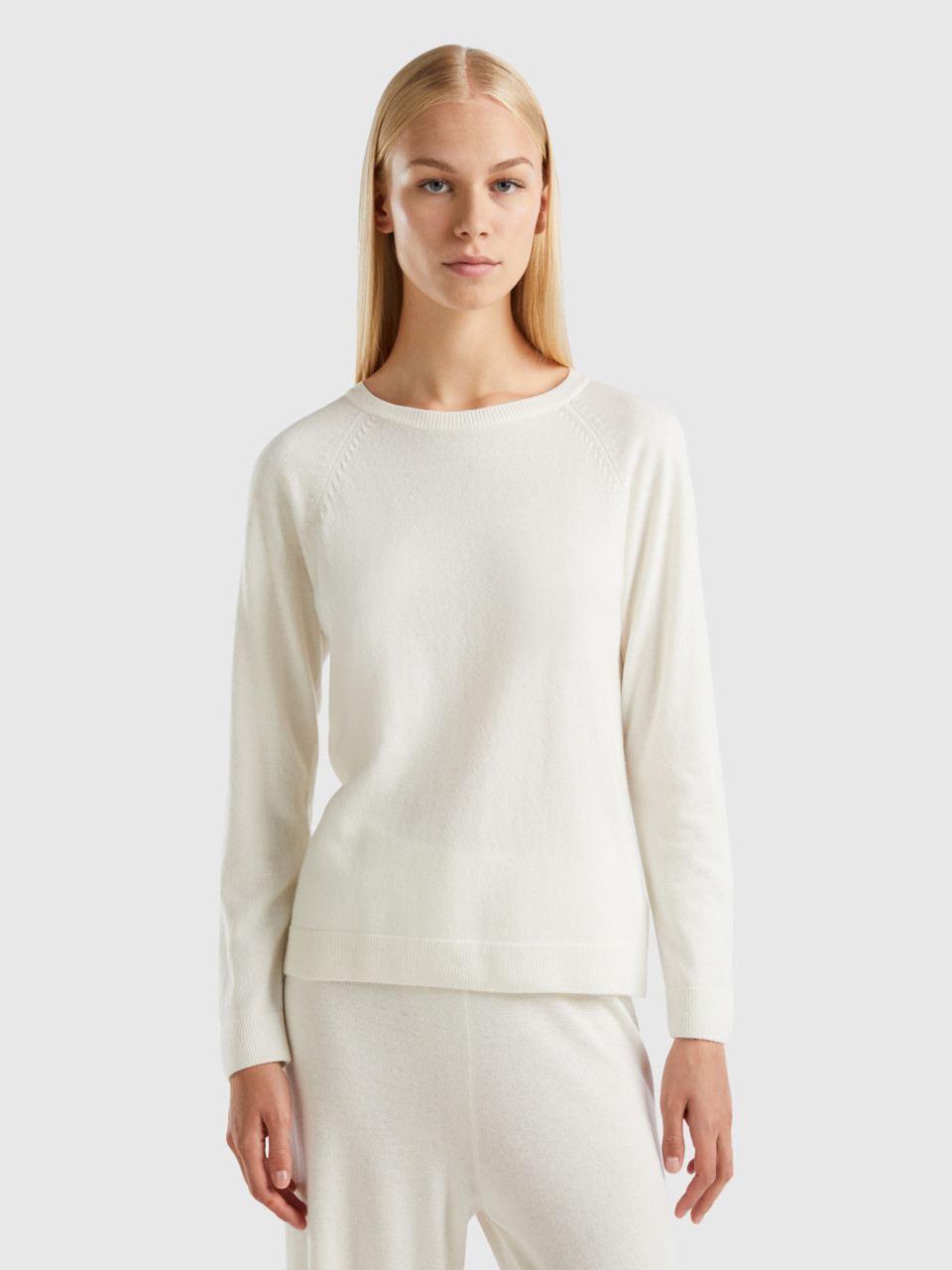 Benetton, Cream Crew Neck Sweater In Cashmere And Wool Blend, Creamy White, Women