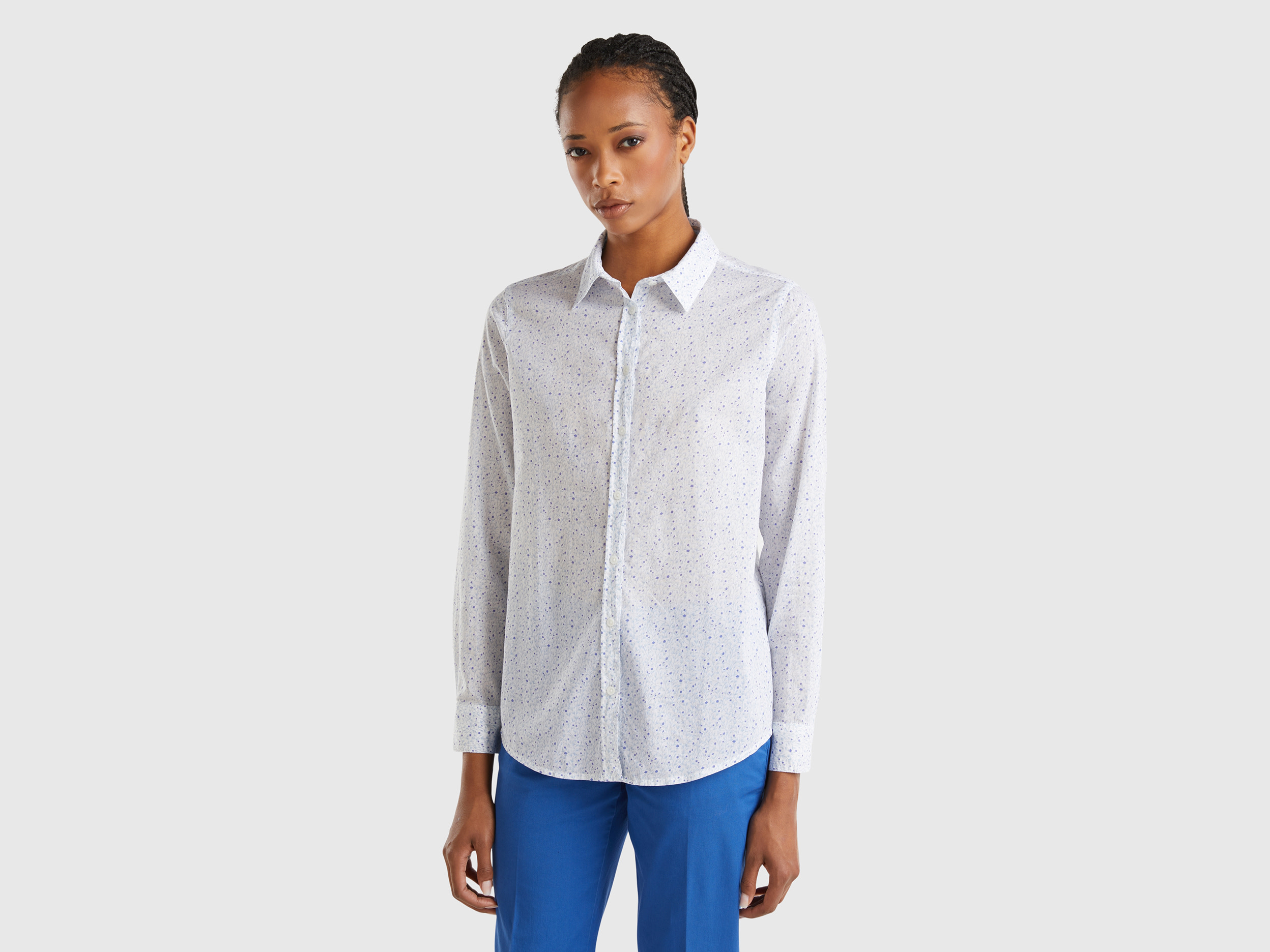 Benetton, Camicia Fantasia 100% Cotone, Celeste, Donna