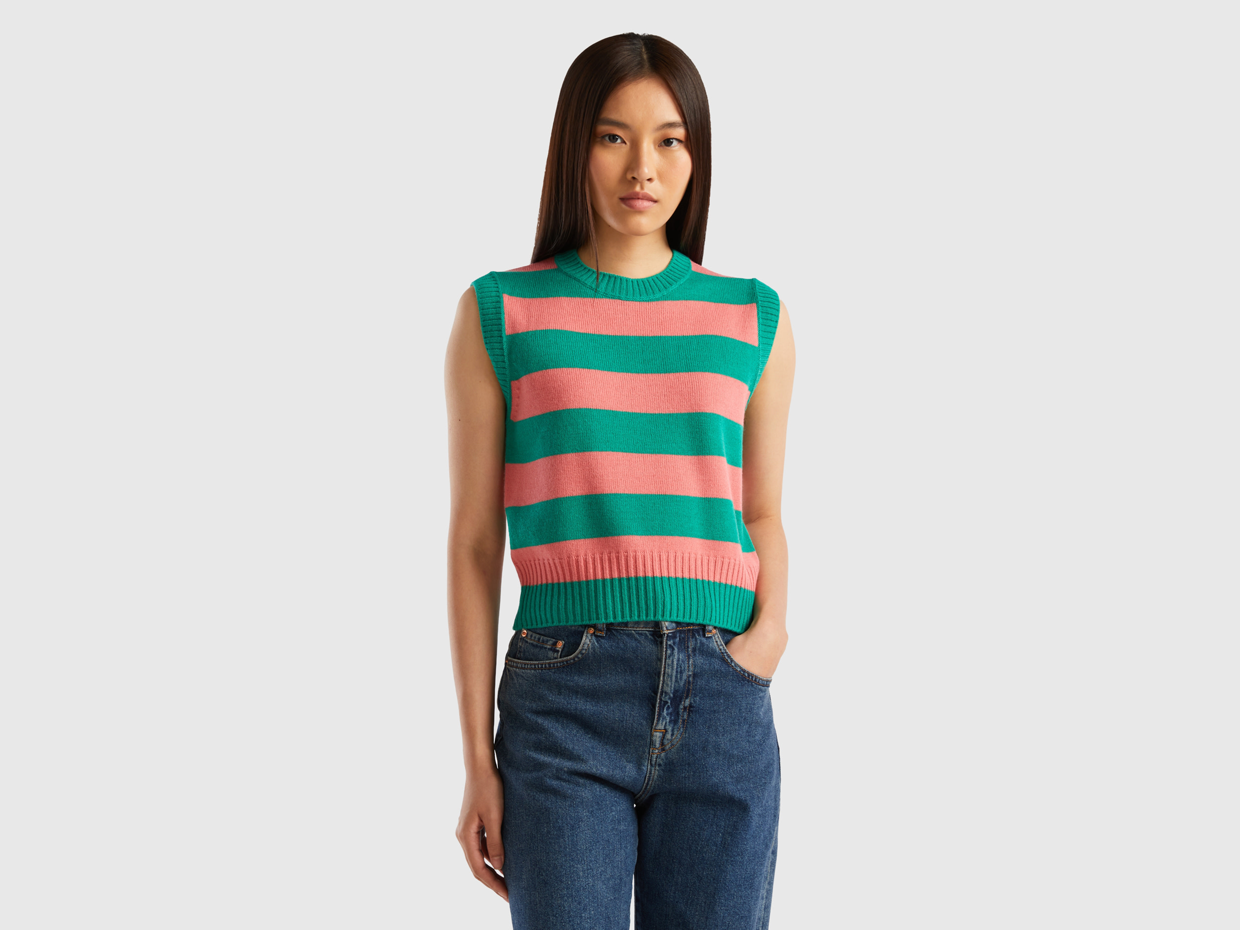 Benetton, Two-tone Striped Vest, size M, Pink, Women
