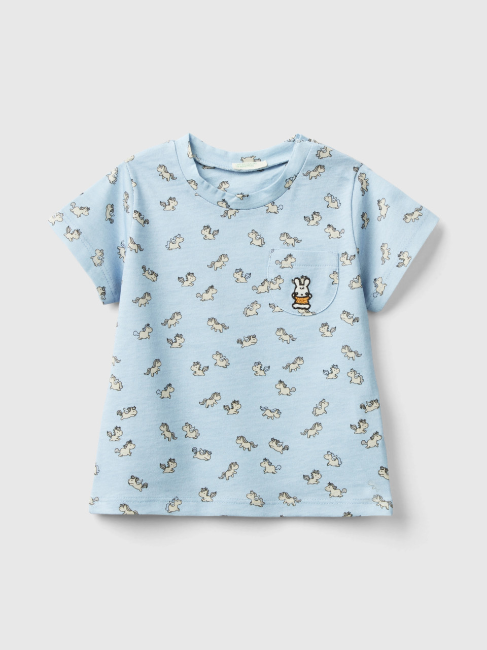 Benetton, T-shirt With Unicorn Print, Sky Blue, Kids
