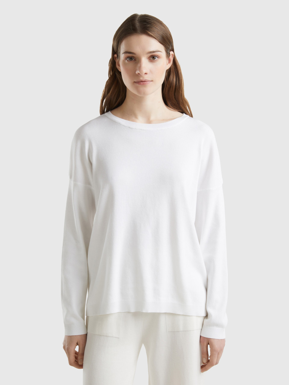 Benetton, Cotton Sweater With Round Neck, White, Women