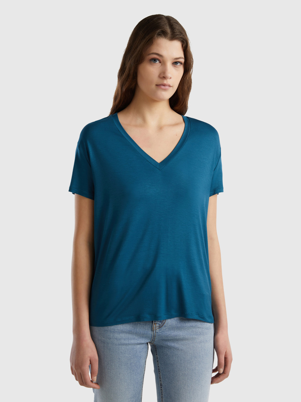 Benetton, Camiseta De Viscosa Sostenible Elástica, Verde Petróleo, Mujer