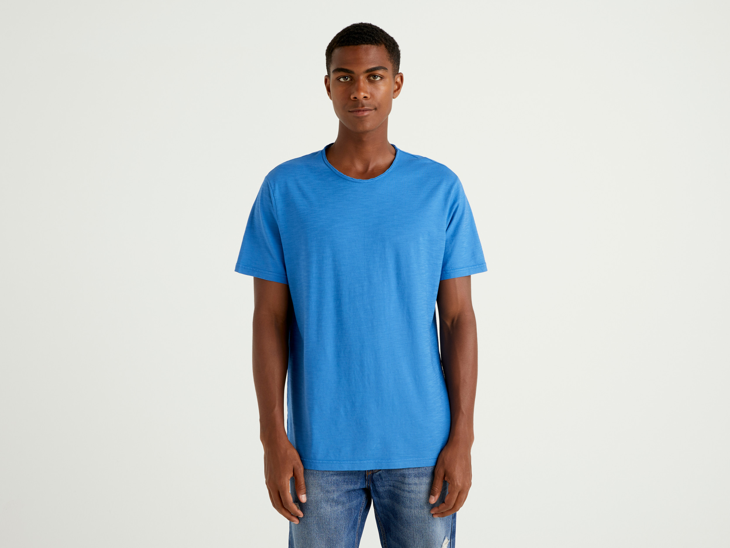 Benetton, T shirt Blu In Cotone Fiammato, Blu, Uomo